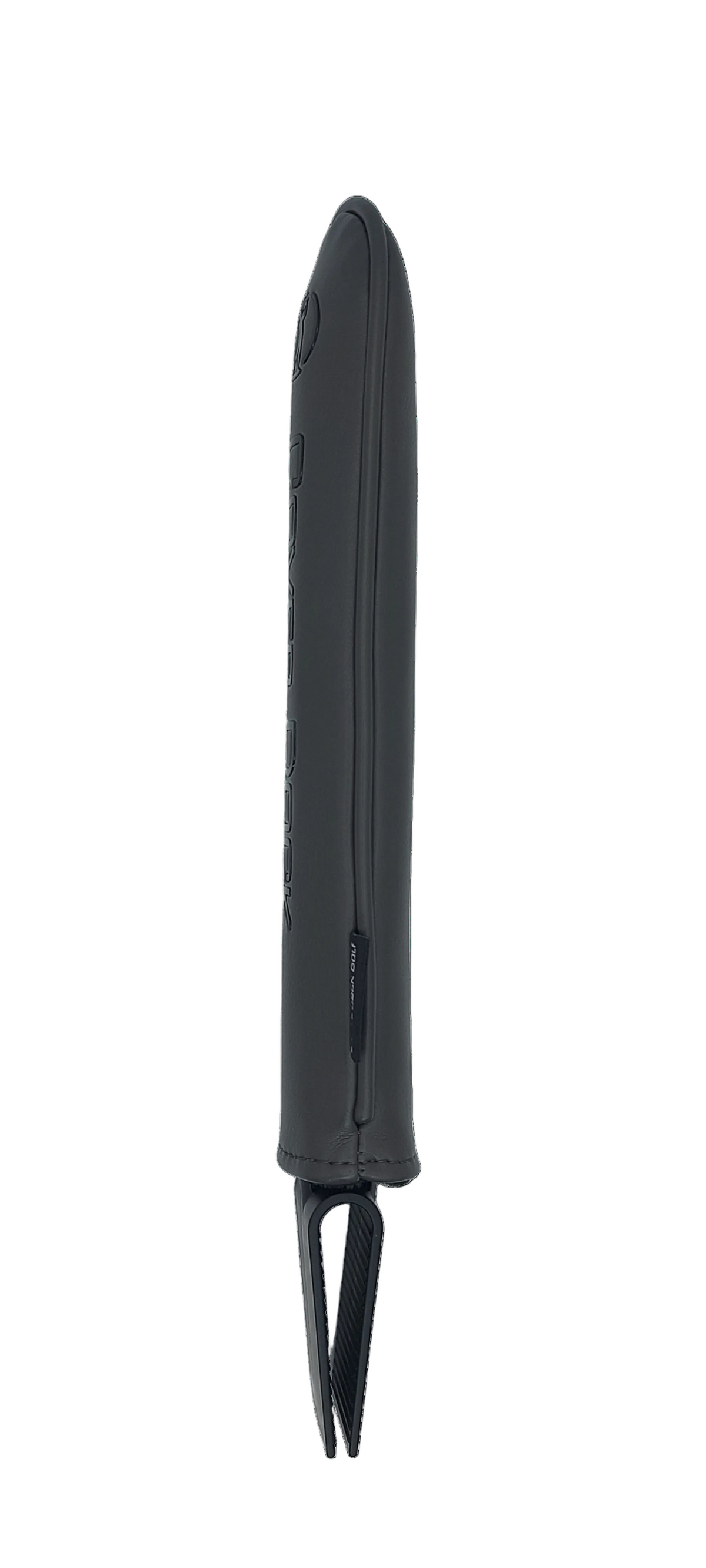 A black leather sleeve or cover for a multi-tool, shown in a side profile view on a solid white background.
