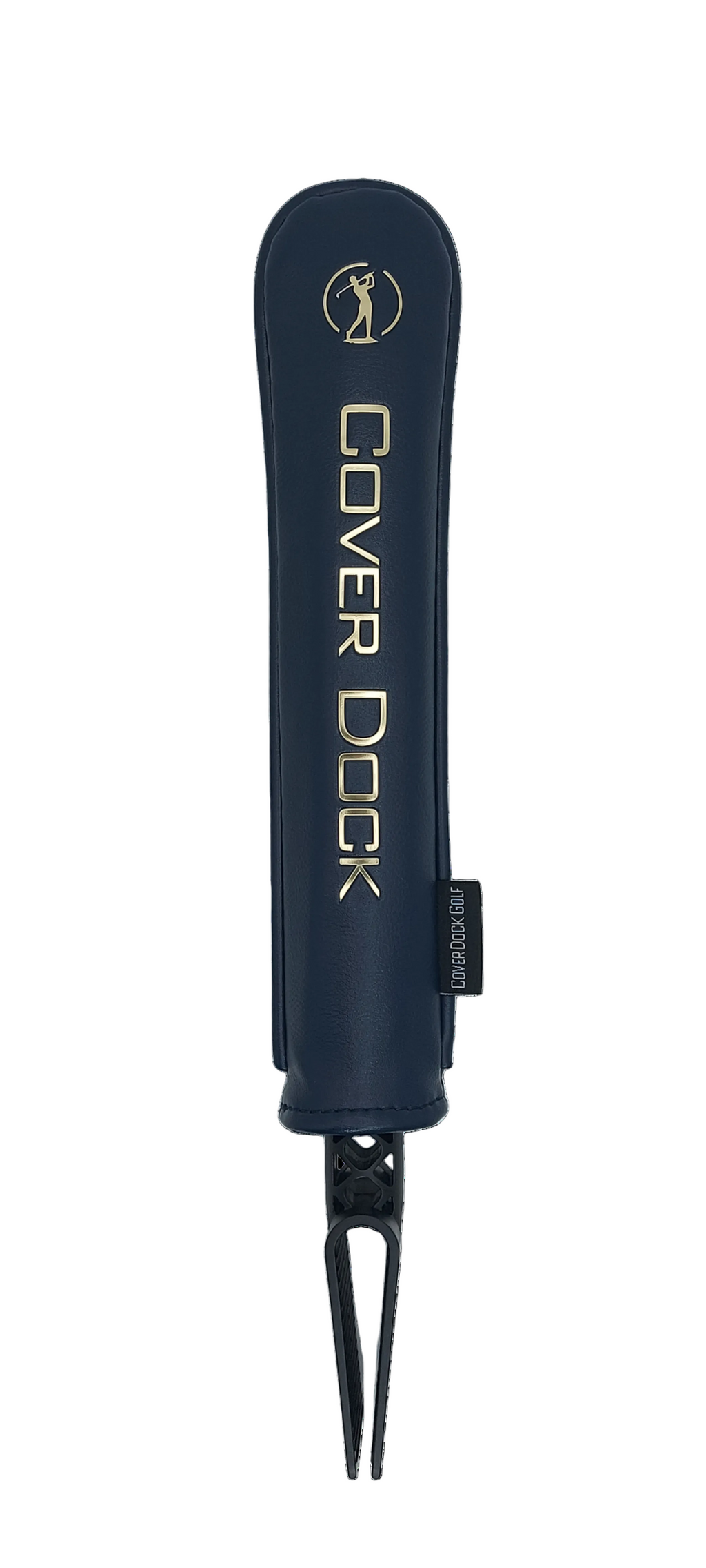 A navy blue golf club cover with gold lettering that reads 'COVER DOCK' and a small gold logo, shown on a plain white background. A small black fabric tag on the side reads 'COVER DOCK'.