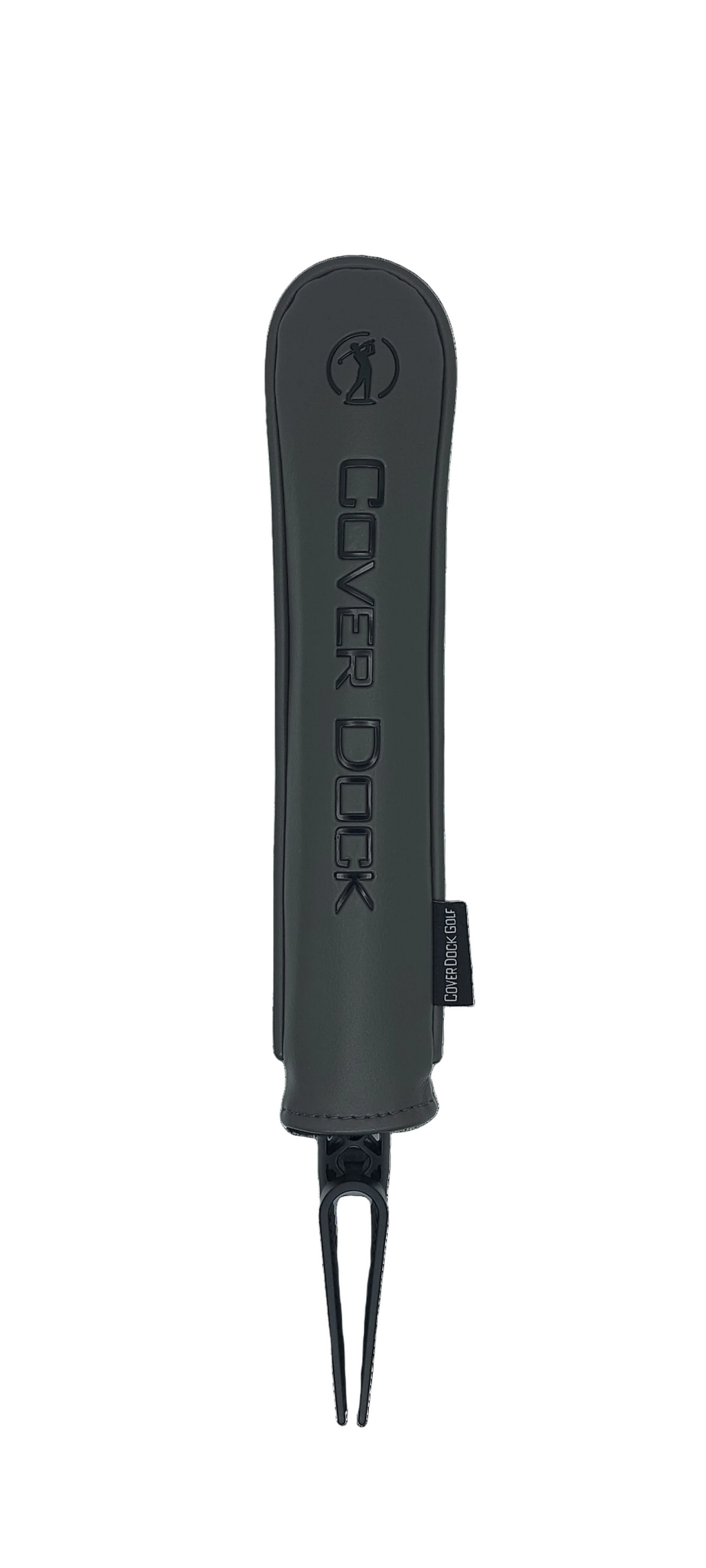 A dark gray protective cover for a golf club shaft, featuring the embossed brand name 'COVER DOCK' and logo, shown against a plain white background.