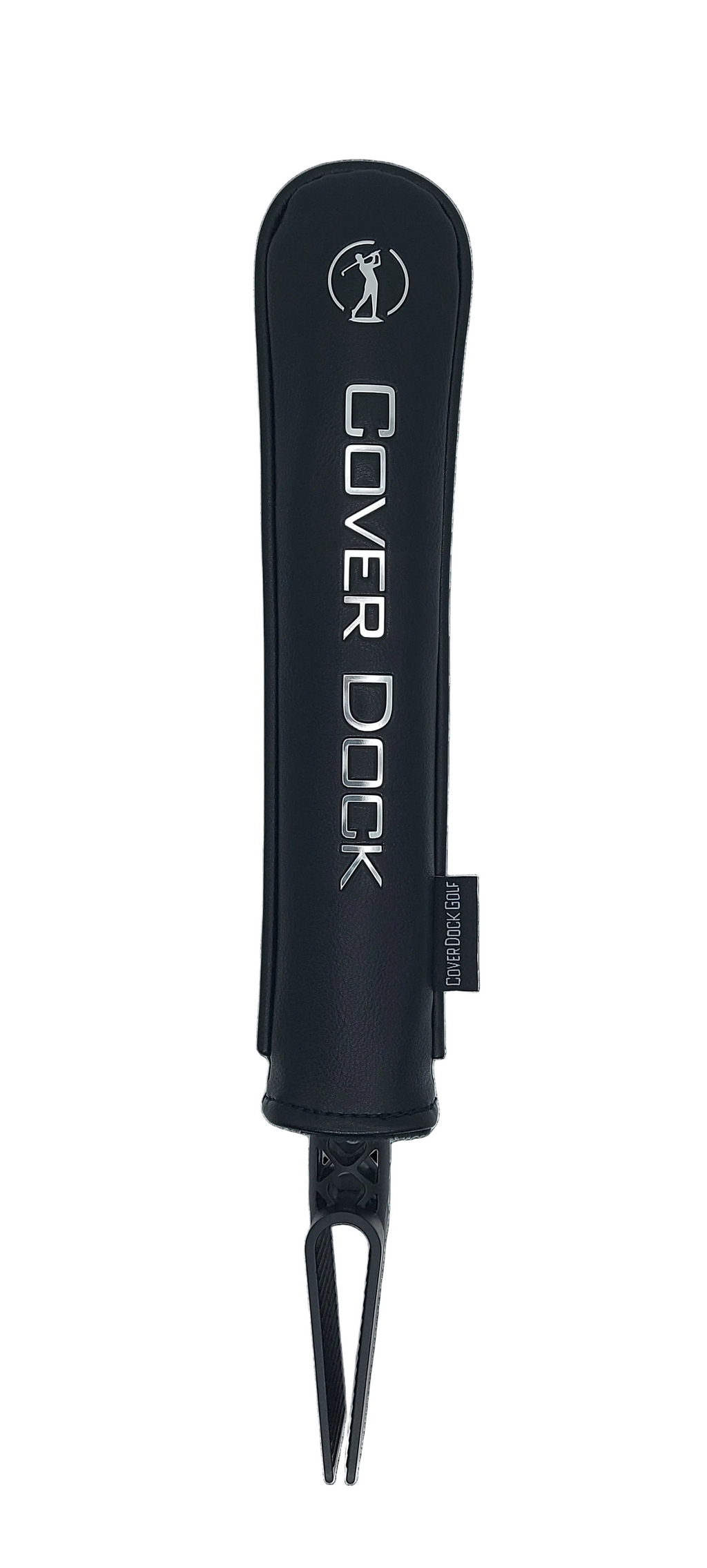 A black golf club cover on a white background, featuring the text 'COVER DOCK' and a small logo printed in white, with a small black brand tag reading 'no limits' on the side.