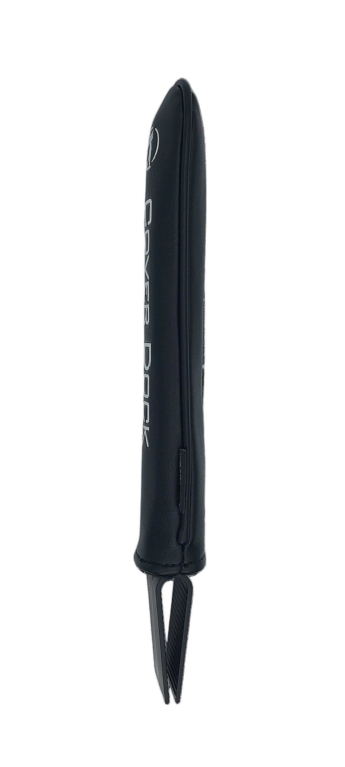 A black golf club headcover sleeve with 'COVER DOCK' printed vertically in white on the side, shown from the side profile against a solid white background.