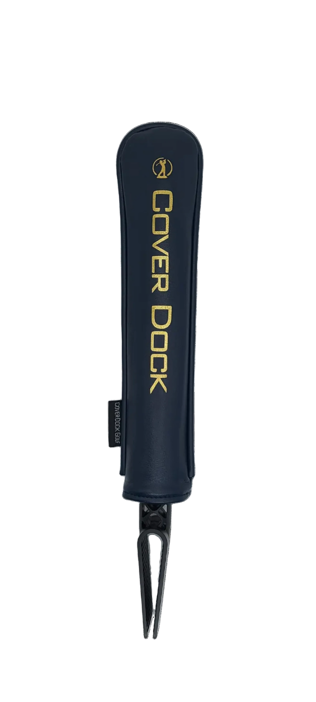 A navy blue golf club headcover with gold lettering that reads 'COVER DOCK' and a small gold logo, shown upright on a plain white background.