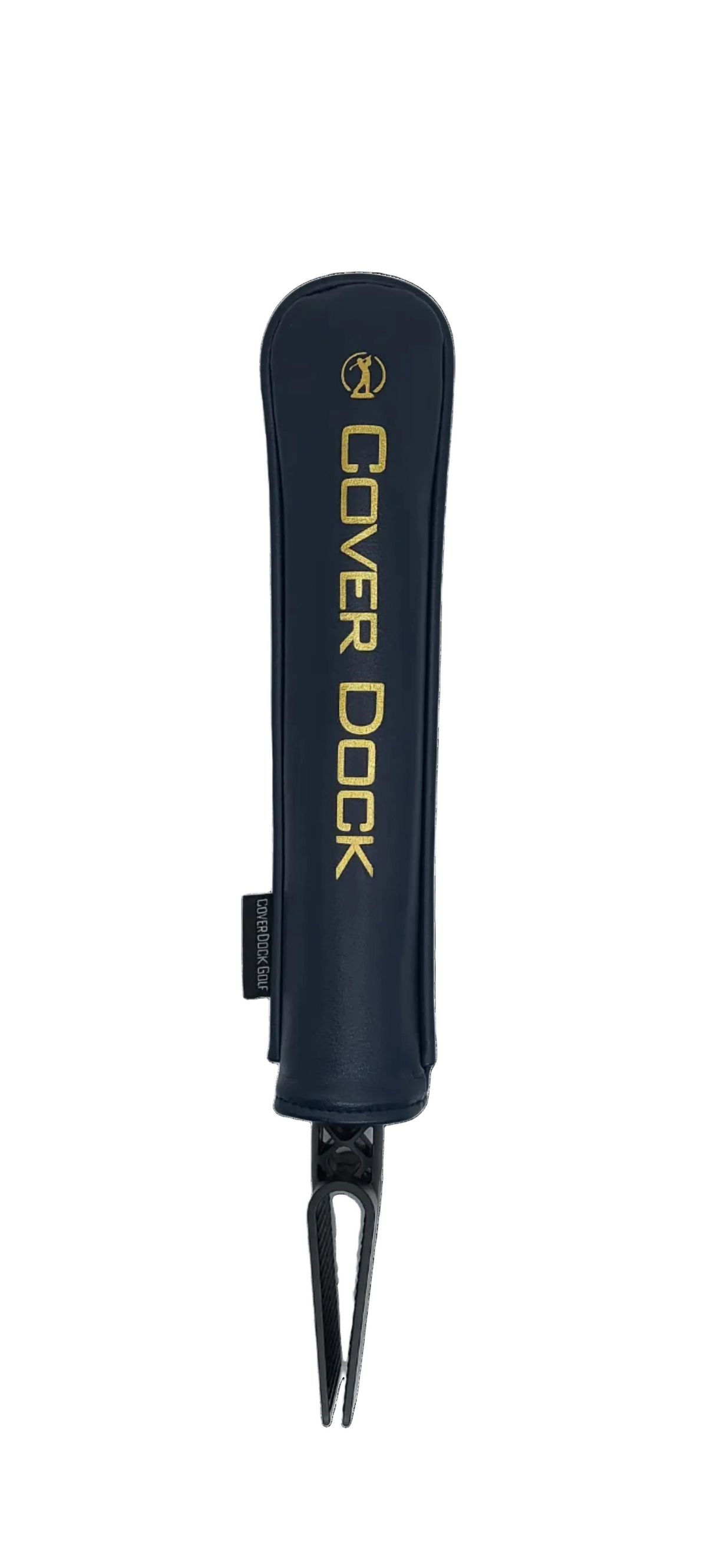 A navy blue golf club headcover with gold lettering that reads 'COVER DOCK' and a small gold logo, shown upright on a plain white background.
