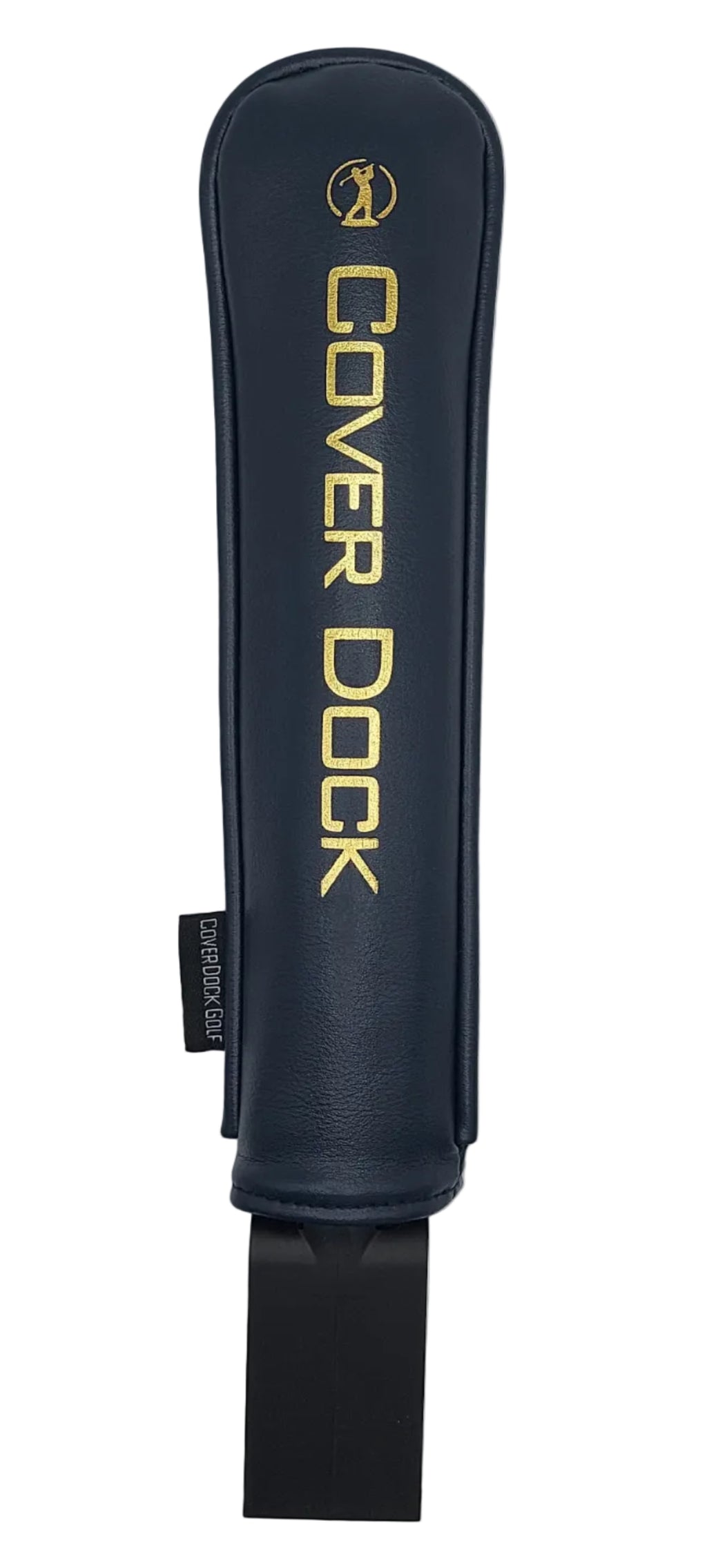 A dark navy blue golf club cover with gold lettering that reads 'COVER DOCK' and a small logo near the top, shown on a plain white background.