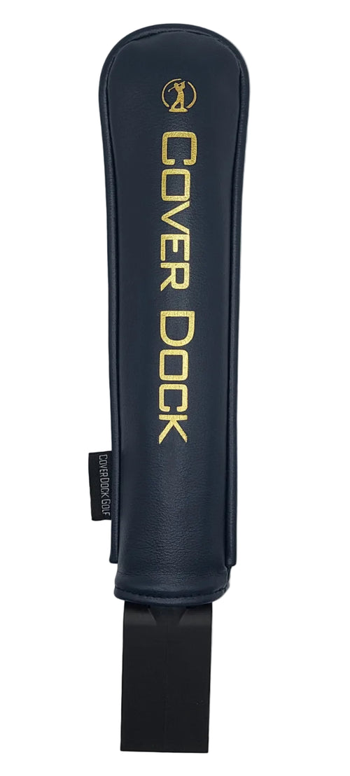 A dark navy blue golf club cover with gold lettering that reads 'COVER DOCK' and a small logo near the top, shown on a plain white background.