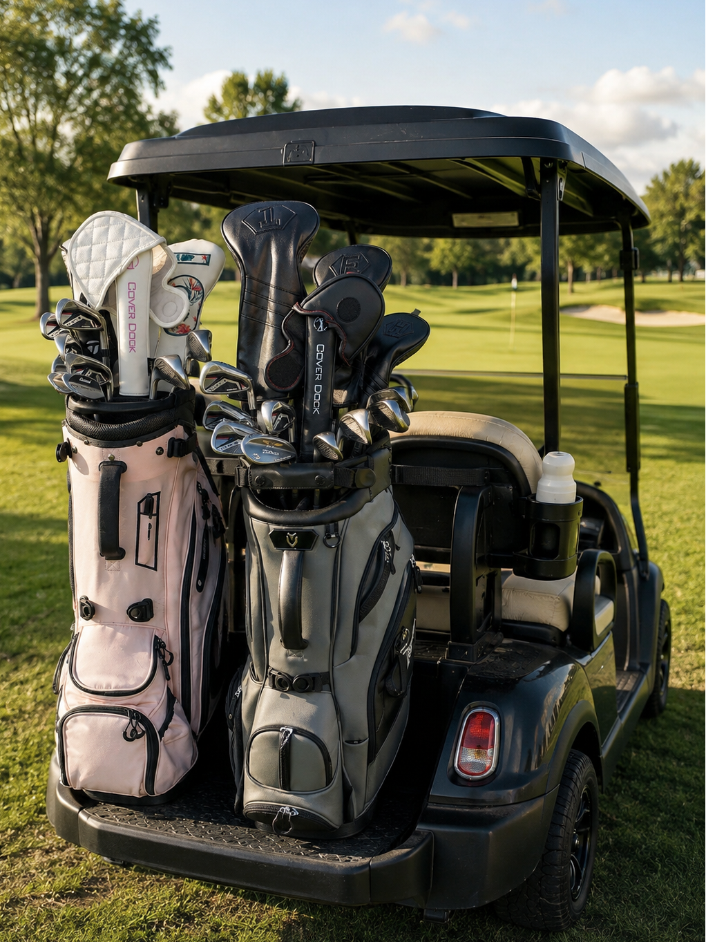 A black golf cart parked on a grassy golf course, loaded with two golf bags and several golf clubs. The cart has a black canopy and beige seats, with the golf bags in pink and gray.