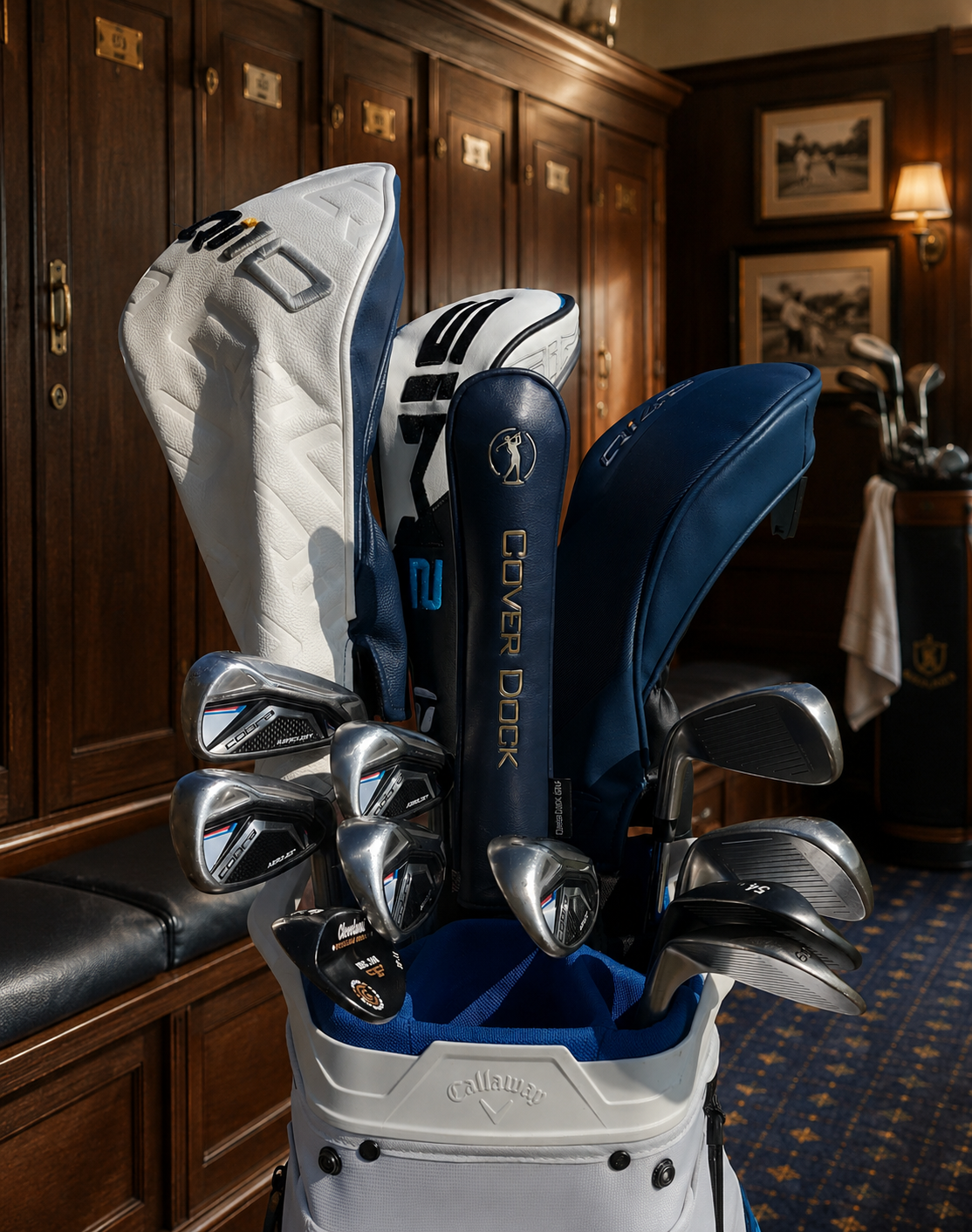 A golf bag filled with golf clubs and tees, set in a luxury hotel or club locker room with dark wood lockers and framed pictures in the background. The clubs include Callaway and Cover Dork models.