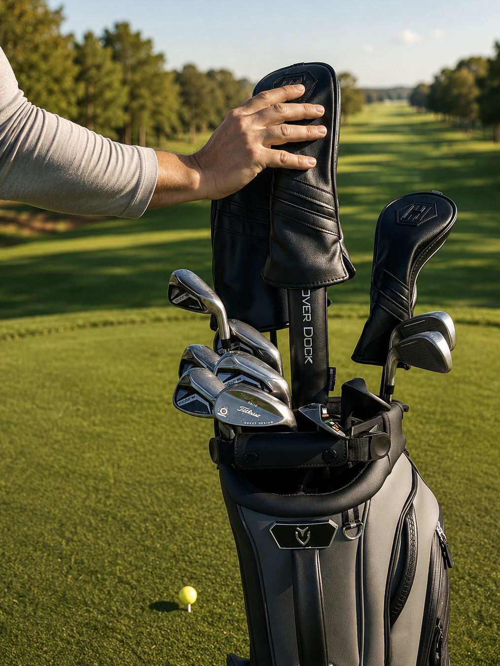 A golf bag on a sunny golf course with a person's hand adjusting a black headcover on one of the clubs. The bag is gray and black with several metal golf clubs and a yellow golf ball nearby.