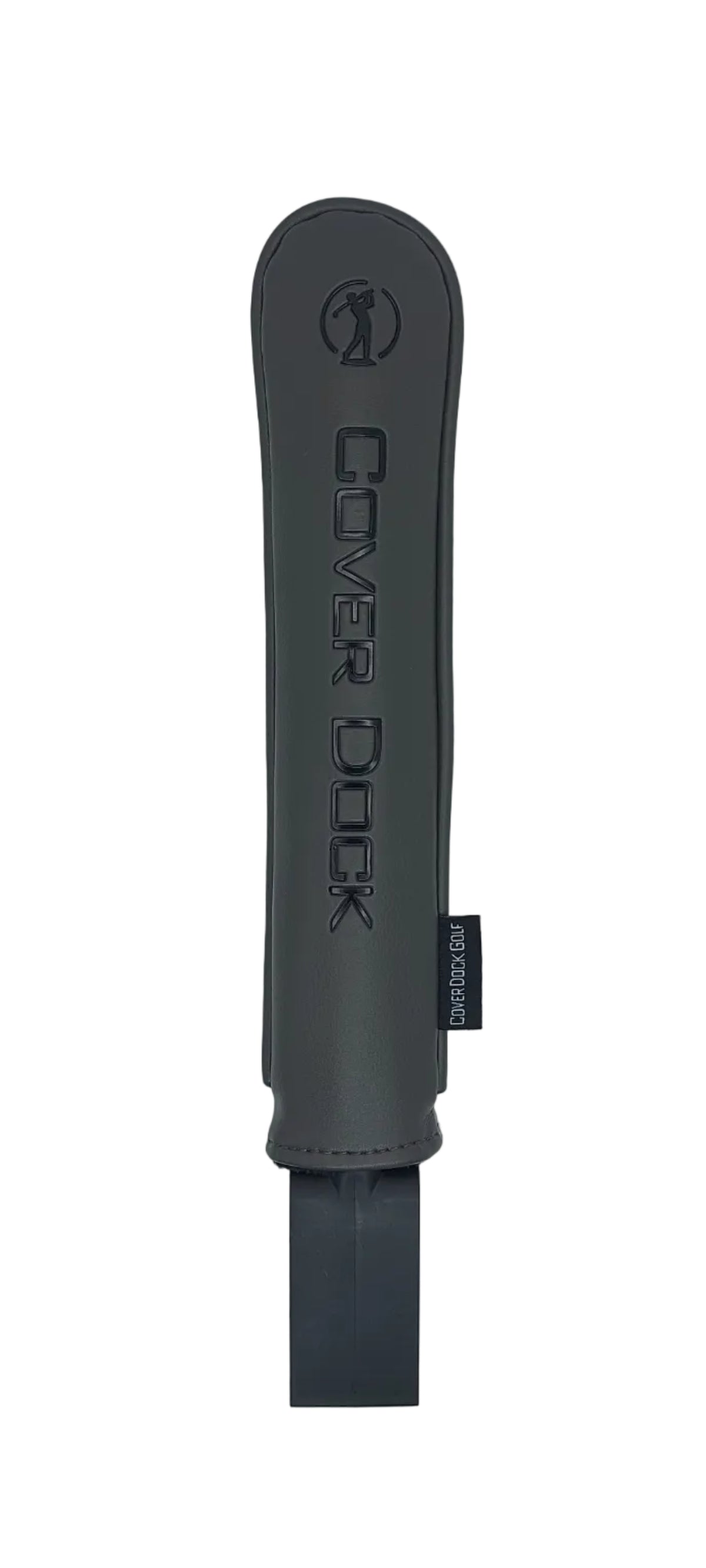 A dark gray leather golf cover with 'COVER DOCK' embossed vertically on the front, shown on a light gray background. 
