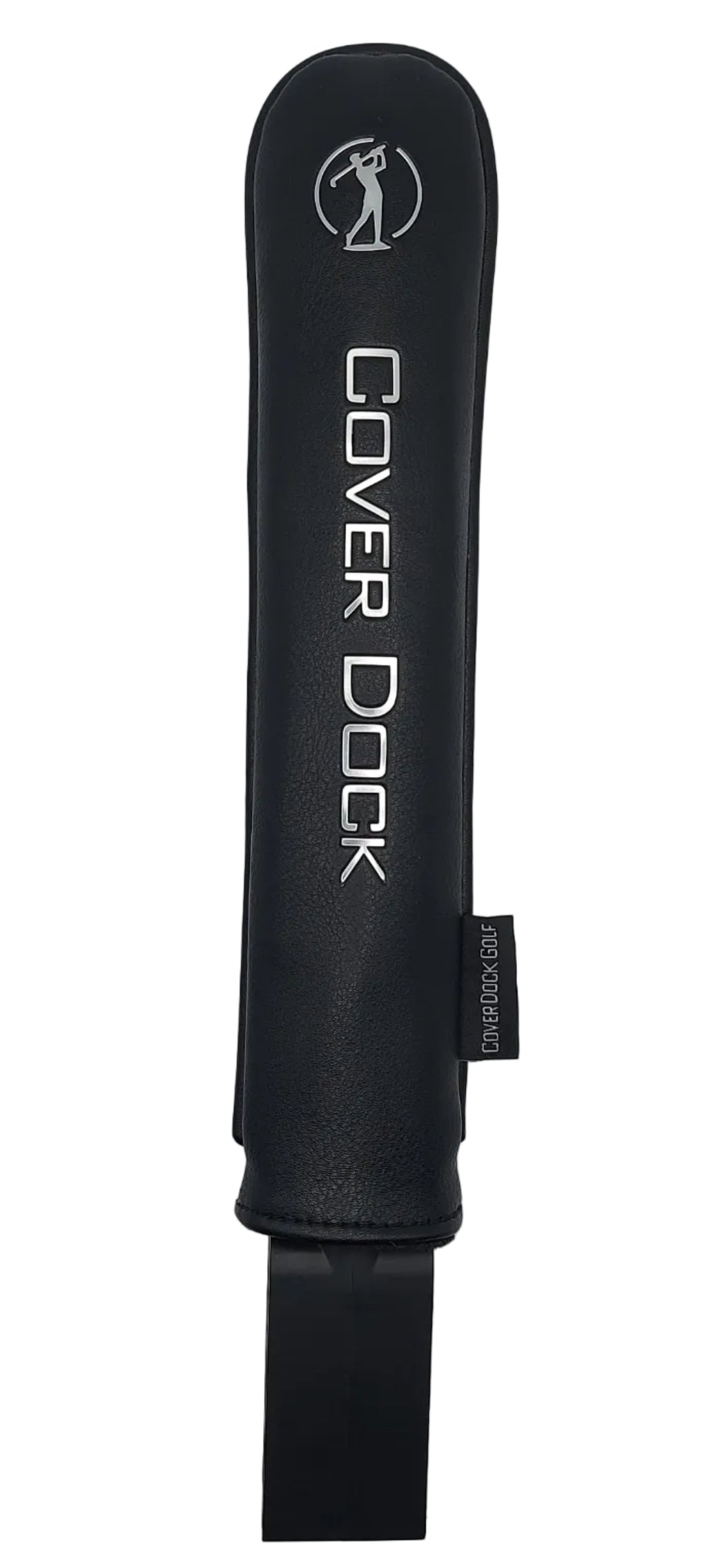 A black leather golf club cover dock with white vertical branding text reading 'COVER DOCK' and a small golf decal near the top, shown on a plain white background.