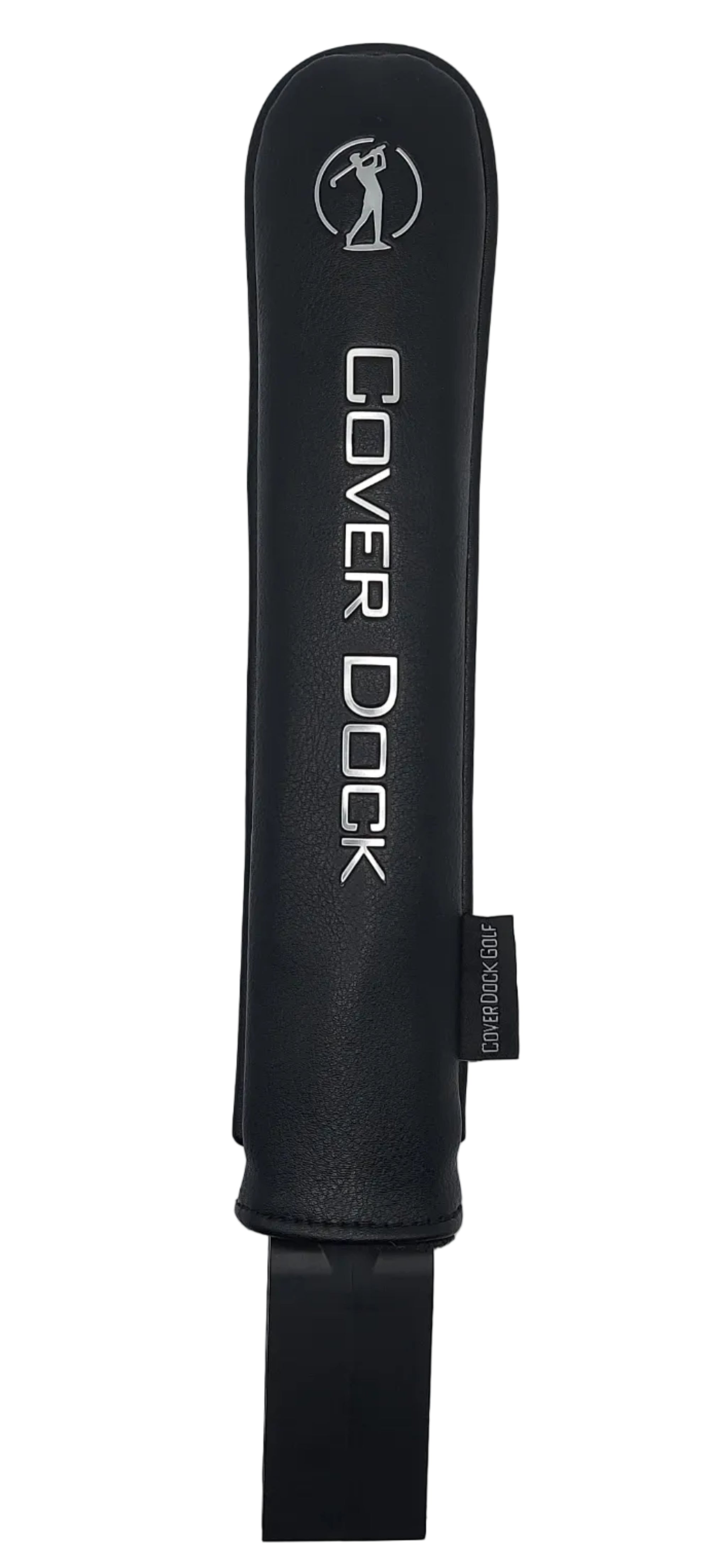 A black leather golf club cover dock with white vertical branding text reading 'COVER DOCK' and a small golf decal near the top, shown on a plain white background.