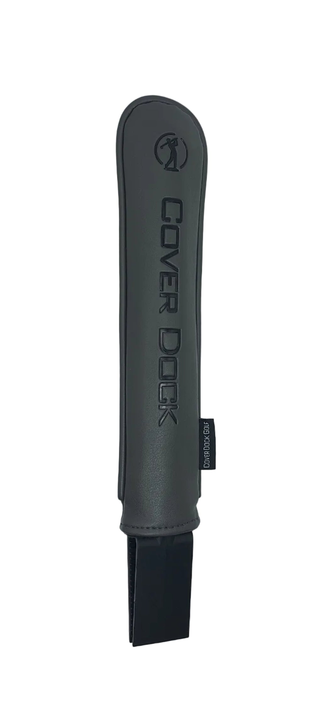 A dark gray Cover Dock golf club headcover shown vertically against a light gray background, with the brand name 'COVER DOCK' printed vertically on the front and a small black tag on the side.