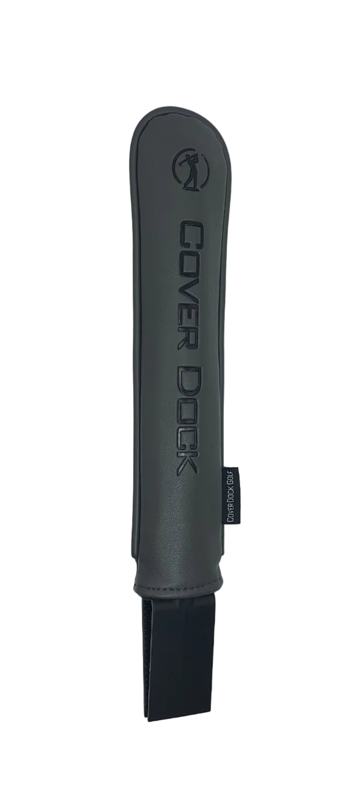 A dark gray Cover Dock golf club headcover shown vertically against a light gray background, with the brand name 'COVER DOCK' printed vertically on the front and a small black tag on the side.