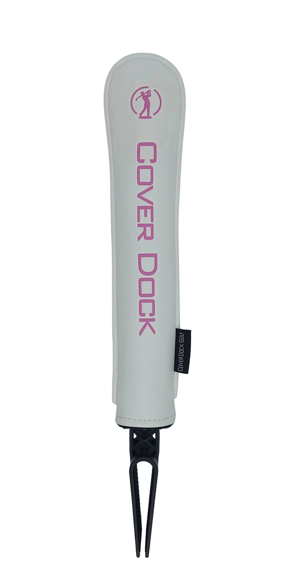 A white golf club cover with pink 'COVER DOCK' text and logo, fitted over a black golf clamping jaw that sits inside the grid of your golf bag to hold your head covers on a light gray background.