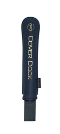 A navy blue golf club headcover with gold lettering that reads 'COVER DOCK' and a gold logo, shown against a light gray background.