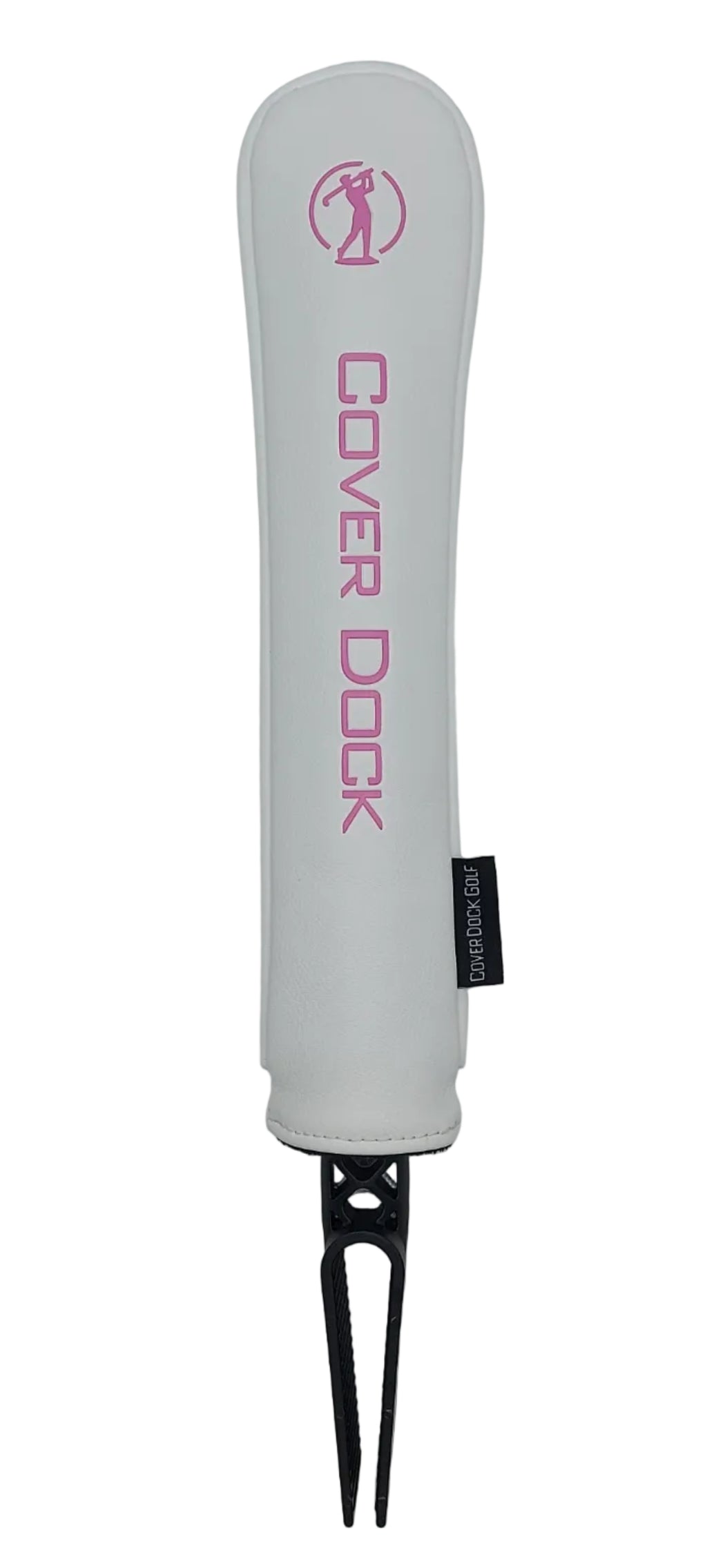 A white golf club cover with pink 'COVER DOCK' branding and a pink logo, shown horizontally on a light gray background. The cover is fitted over a black metal golf club divider.