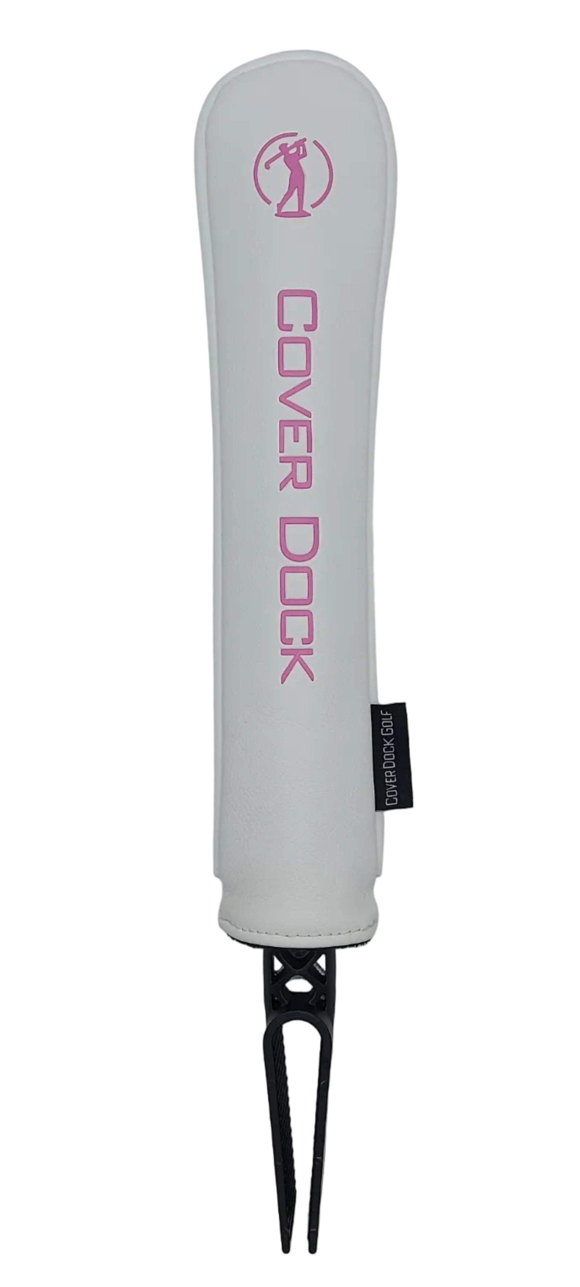 A white golf club cover with pink 'COVER DOCK' branding and a pink logo, shown horizontally on a light gray background. The cover is fitted over a black metal golf club divider.