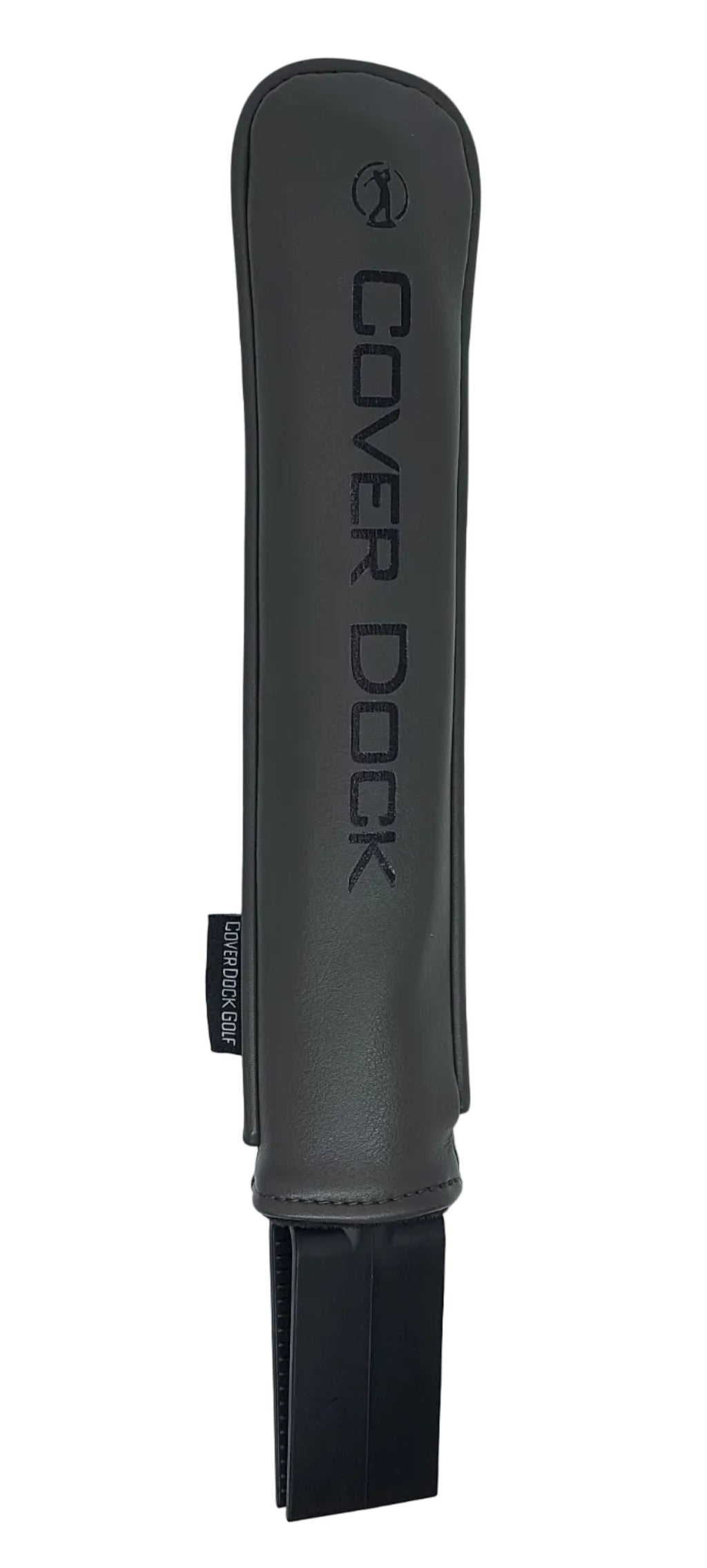 A dark gray Cover Dock head cover holder for golf bag with a matching protective sleeve, featuring a leather sleeve and custom hot foil embossing