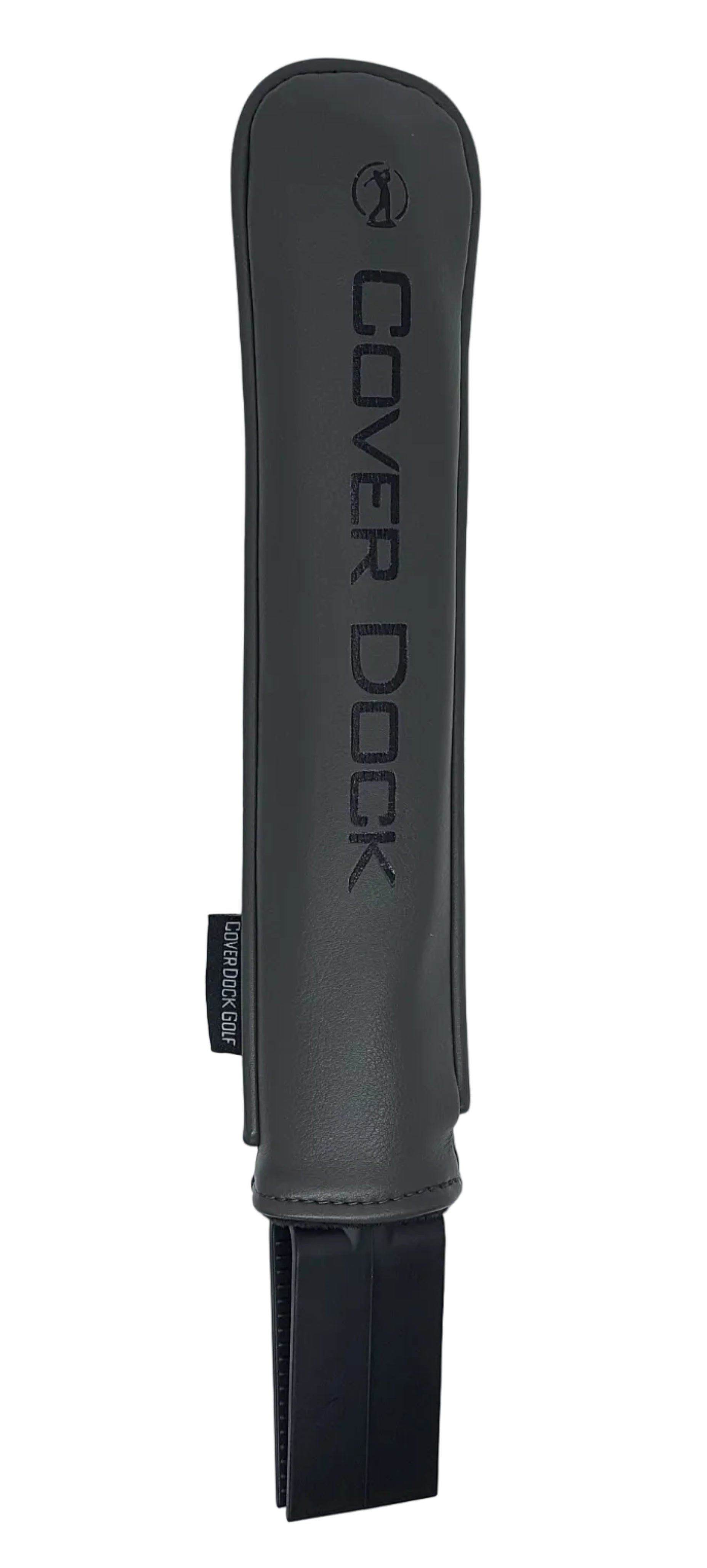 A dark gray Cover Dock head cover holder for golf bag with a matching protective sleeve, featuring a leather sleeve and custom hot foil embossing