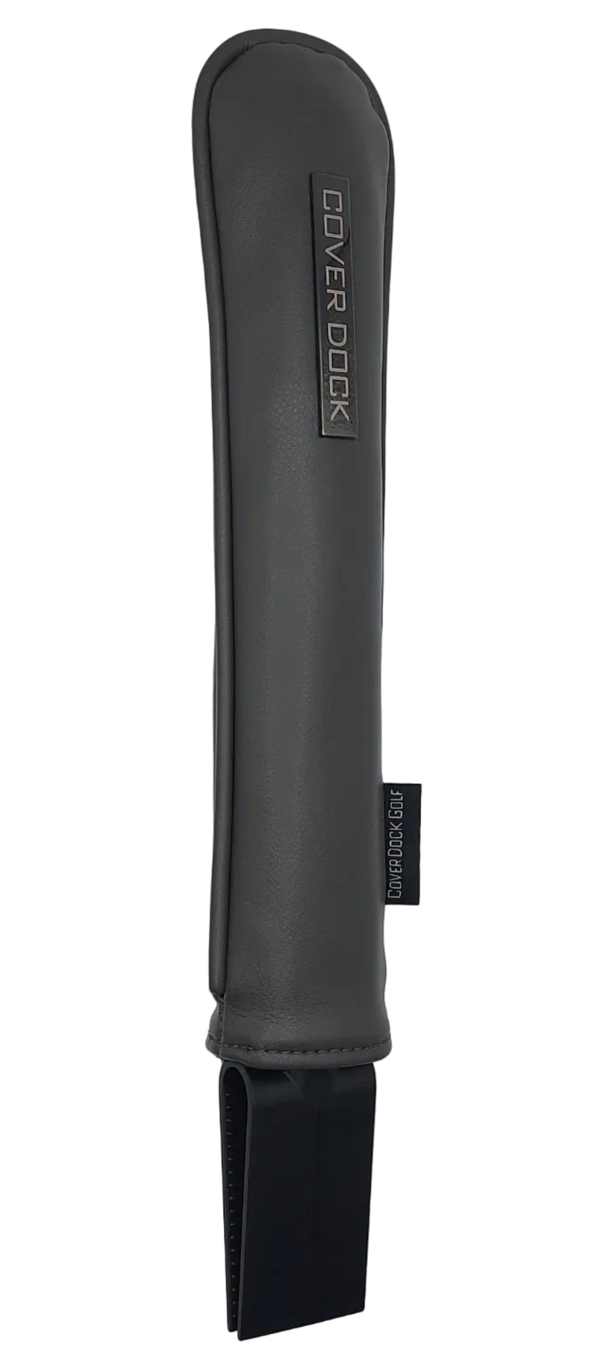 A dark grey protective sleeve or cover with a black metal badge, featuring the brand name 'COVER DOCK' printed on a small rectangular patch on the front.