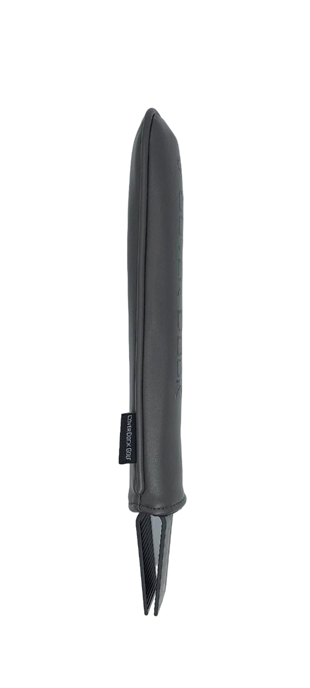 A dark gray leather sleeve with a small black fabric tag that reads 'SILK & STITCH', shown vertically on a light gray background.