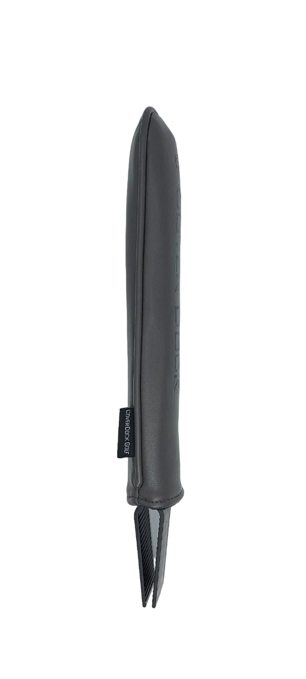 A dark gray leather sleeve with a small black fabric tag that reads 'SILK & STITCH', shown vertically on a light gray background.