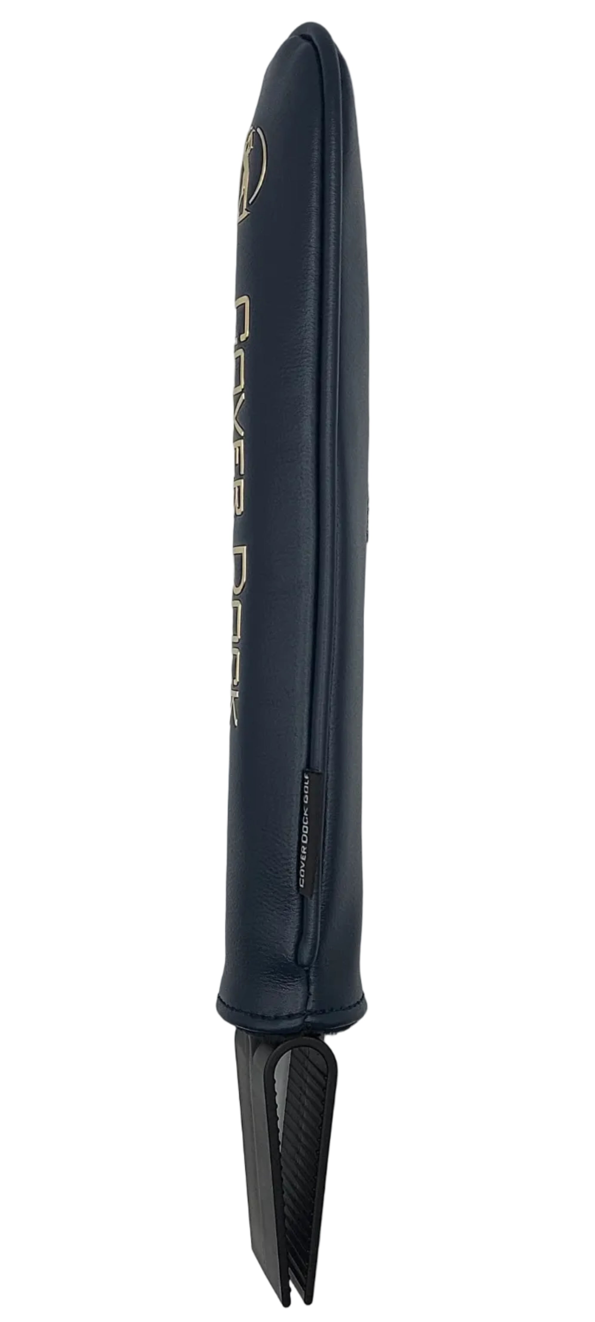 A navy blue golf club sleeve with gold lettering that reads 'COVER DOCK' and a black clamp head visible at the bottom to clamp onto golf bags easily in the inner gred section, set against a light gray background.