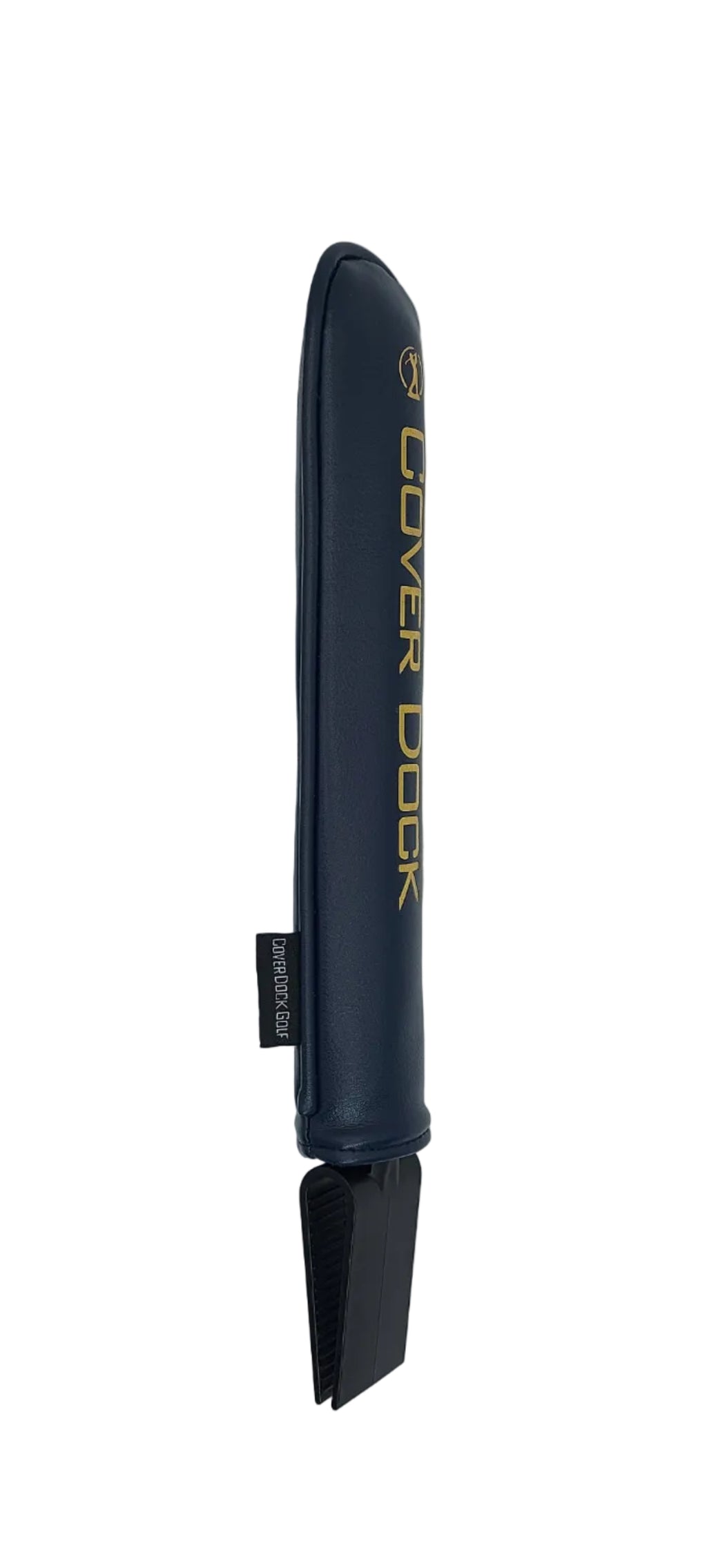 A dark navy blue golf club cover leather sleeve that goes overtop of a golf bag grid to secure head covers. black logo and a clamping device to secure onto a golf bag.