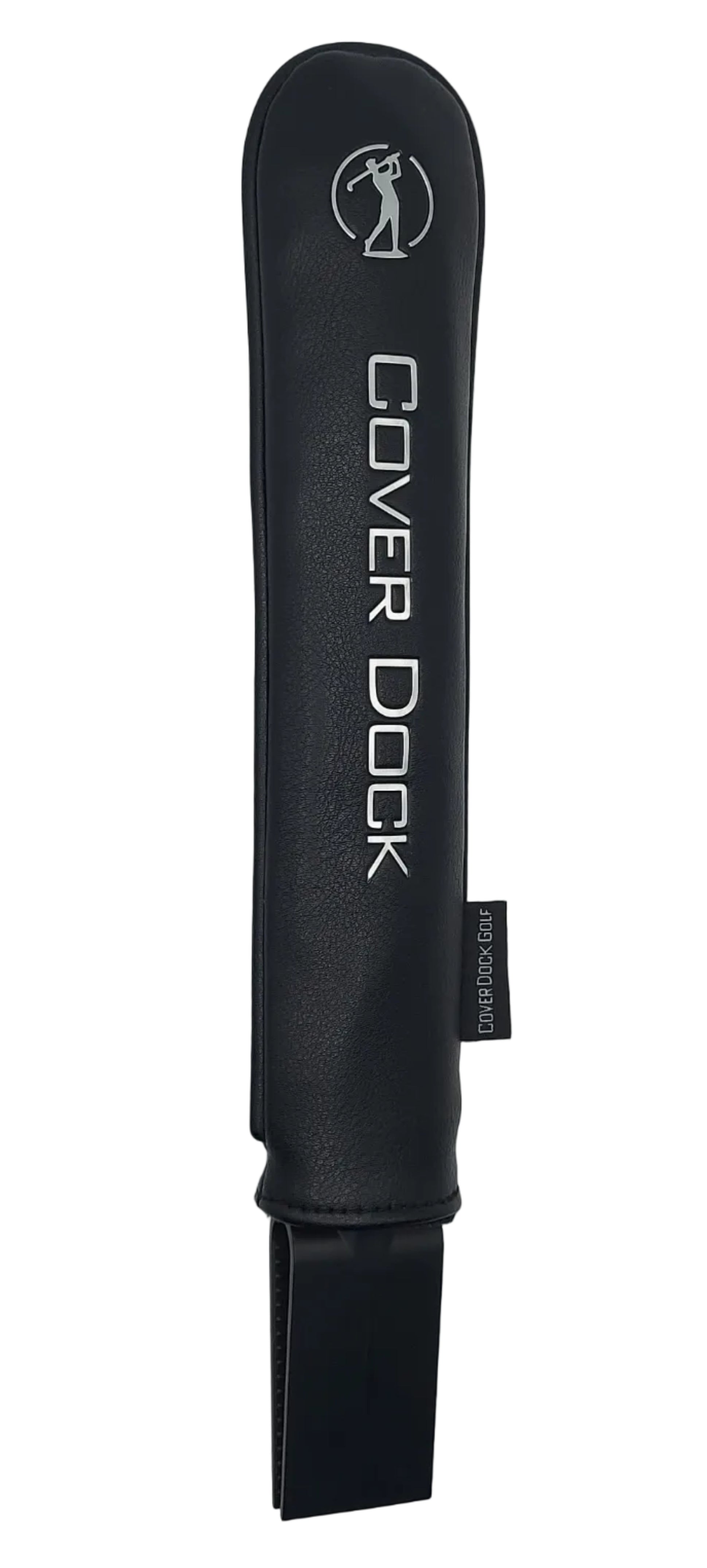 A black leather golf cover with 'COVER DOCK' printed in light grey on the front, shown horizontally on a light gray background. golf accessories, black headcover + holder + brand new