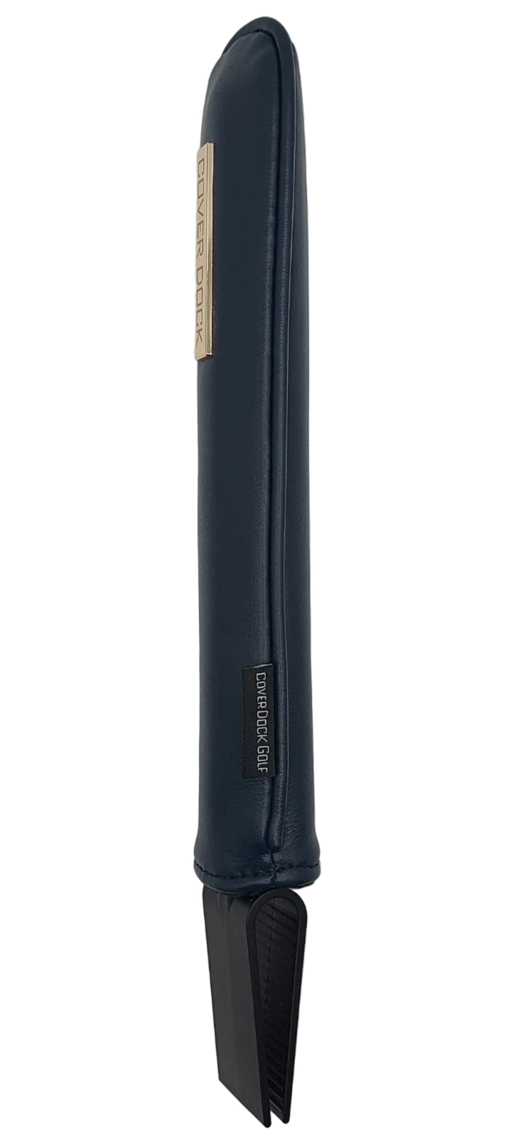 Blue vegan leather sleeve with a gold "COVER DOCK" metal badge. designed to clip/clamp into any golf bag inner grid and secure golf club head cover 