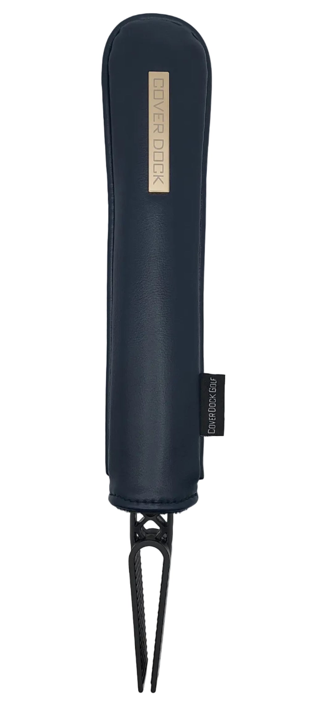 black vegan leather sleeve with a black "COVER DOCK" metal badge. designed to clip/clamp into any golf bag inner grid and secure golf club head cover 