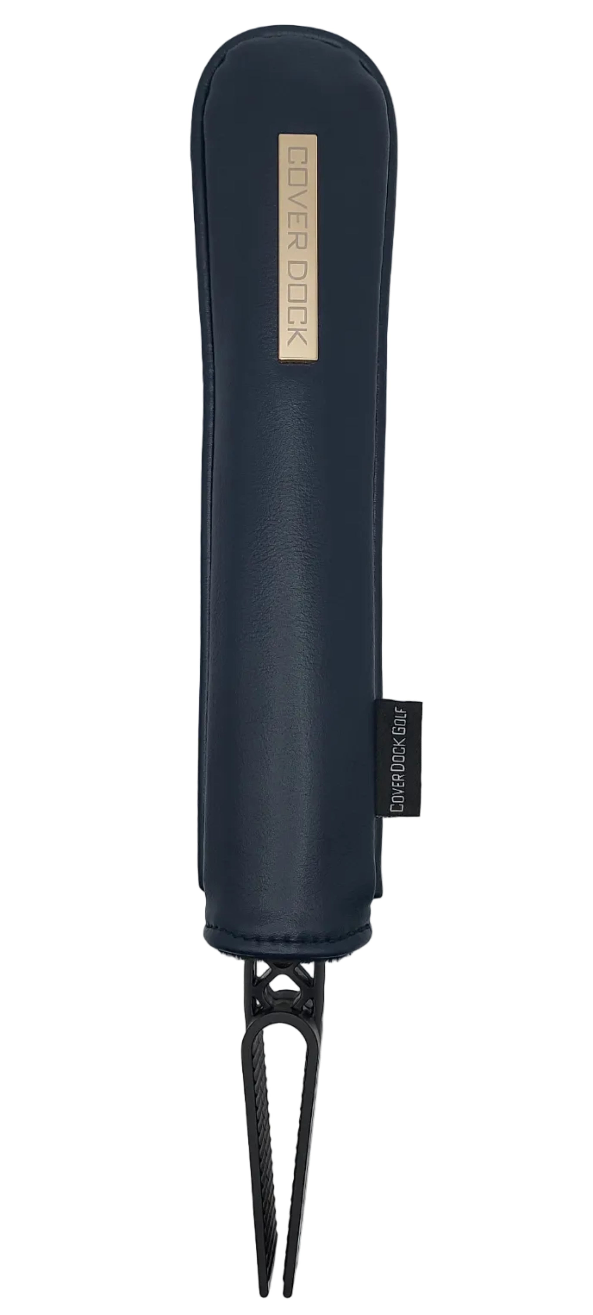 black vegan leather sleeve with a black "COVER DOCK" metal badge. designed to clip/clamp into any golf bag inner grid and secure golf club head cover 