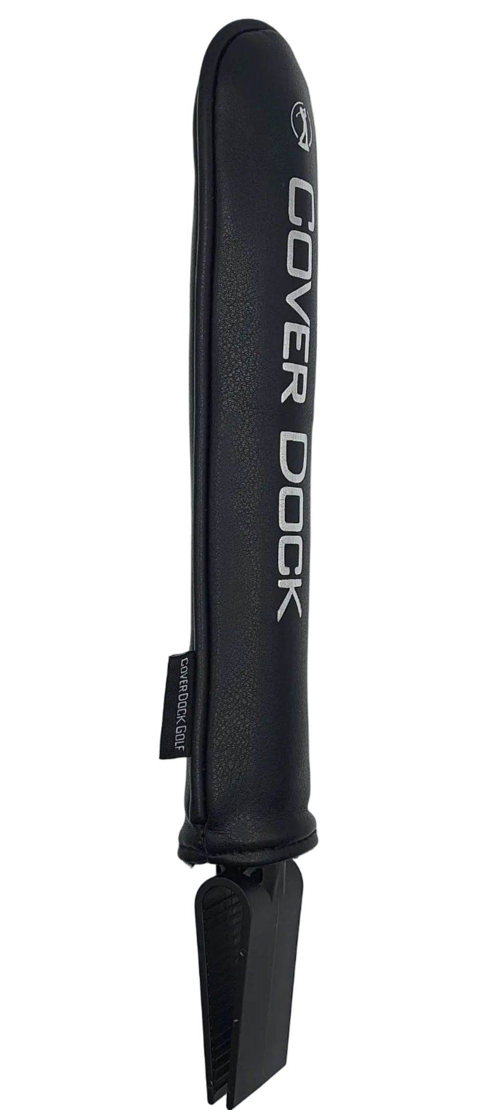 A black Cover Dock golf club cover with white branding text, shown horizontally on a light gray background. A black padded cover for a golf bag accessory, featuring white vertical text that reads 'COVER DOCK' and a small circular logo near the top, shown against a light gray background. intended to insert in golf bag to hold and organize golf head covers