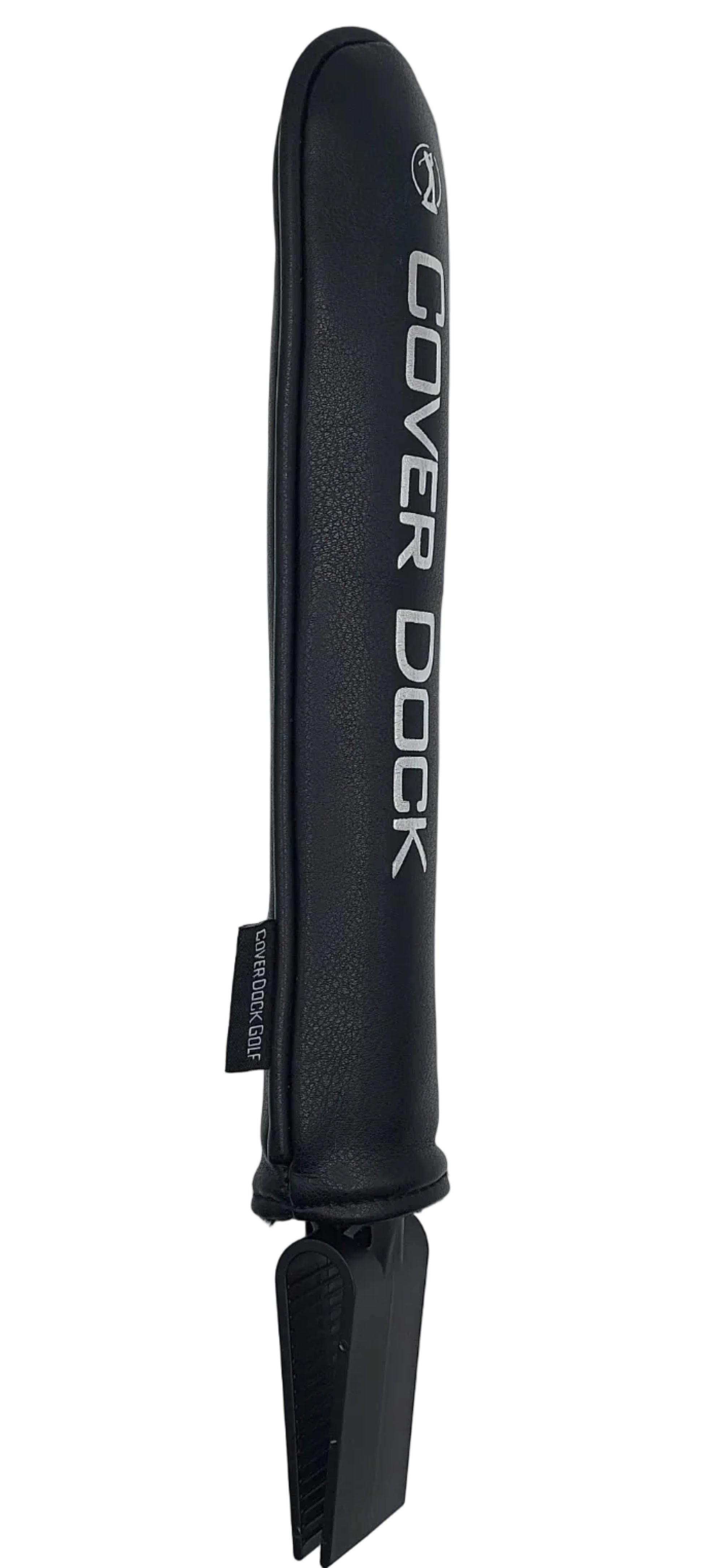 A black Cover Dock golf club cover with white branding text, shown horizontally on a light gray background. A black padded cover for a golf bag accessory, featuring white vertical text that reads 'COVER DOCK' and a small circular logo near the top, shown against a light gray background. intended to insert in golf bag to hold and organize golf head covers