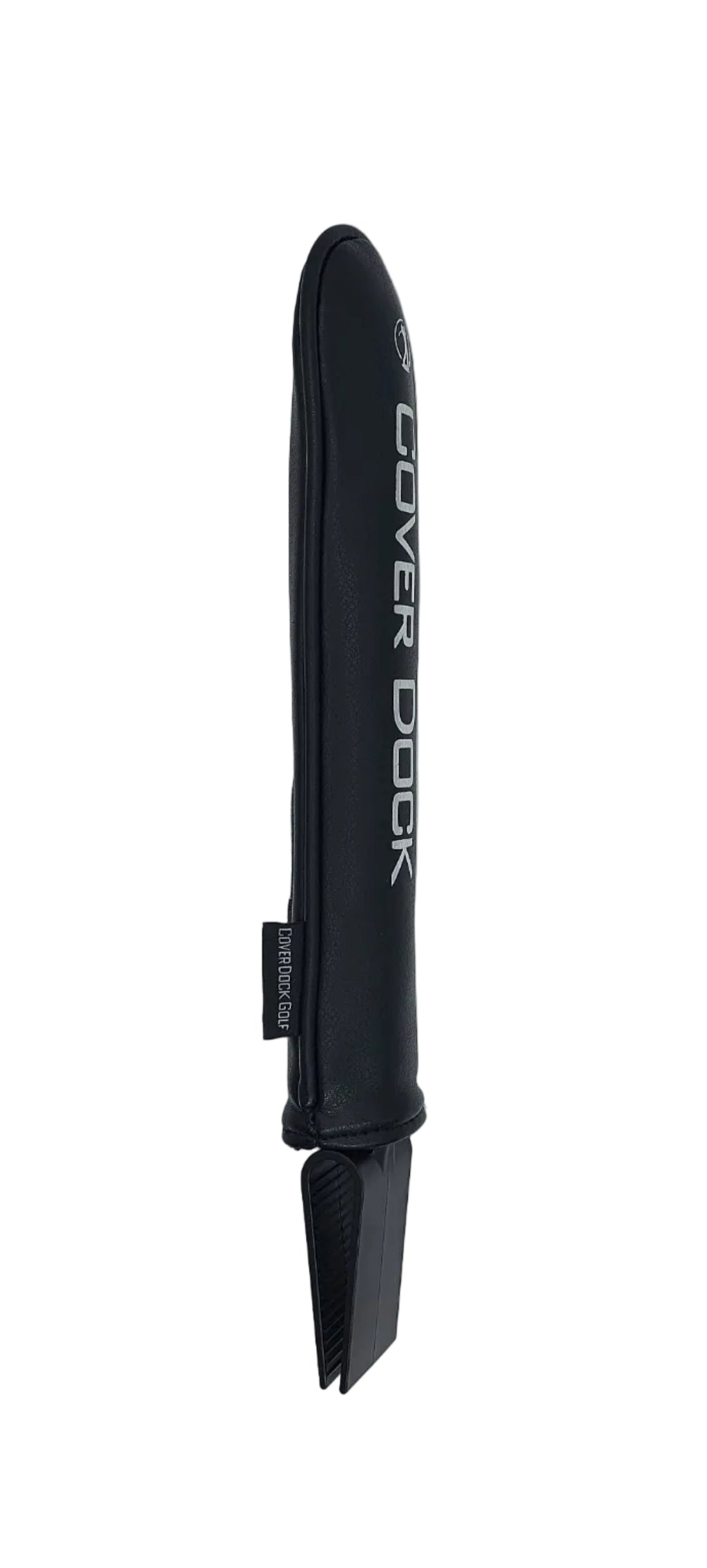 A black protective cover for a bowfishing arrow, featuring the brand name 'COVER DOCK' printed vertically in white on the side, shown against a plain light gray background. a stealth grey leather cleeve that goes overtop of a golf bag grid to secure head covers. black logo and a claping device to secure onto a golf bag