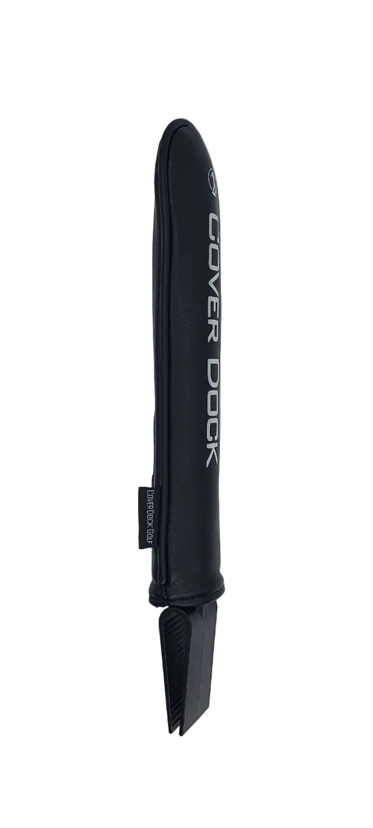 A black protective cover for a bowfishing arrow, featuring the brand name 'COVER DOCK' printed vertically in white on the side, shown against a plain light gray background. a stealth grey leather cleeve that goes overtop of a golf bag grid to secure head covers. black logo and a claping device to secure onto a golf bag