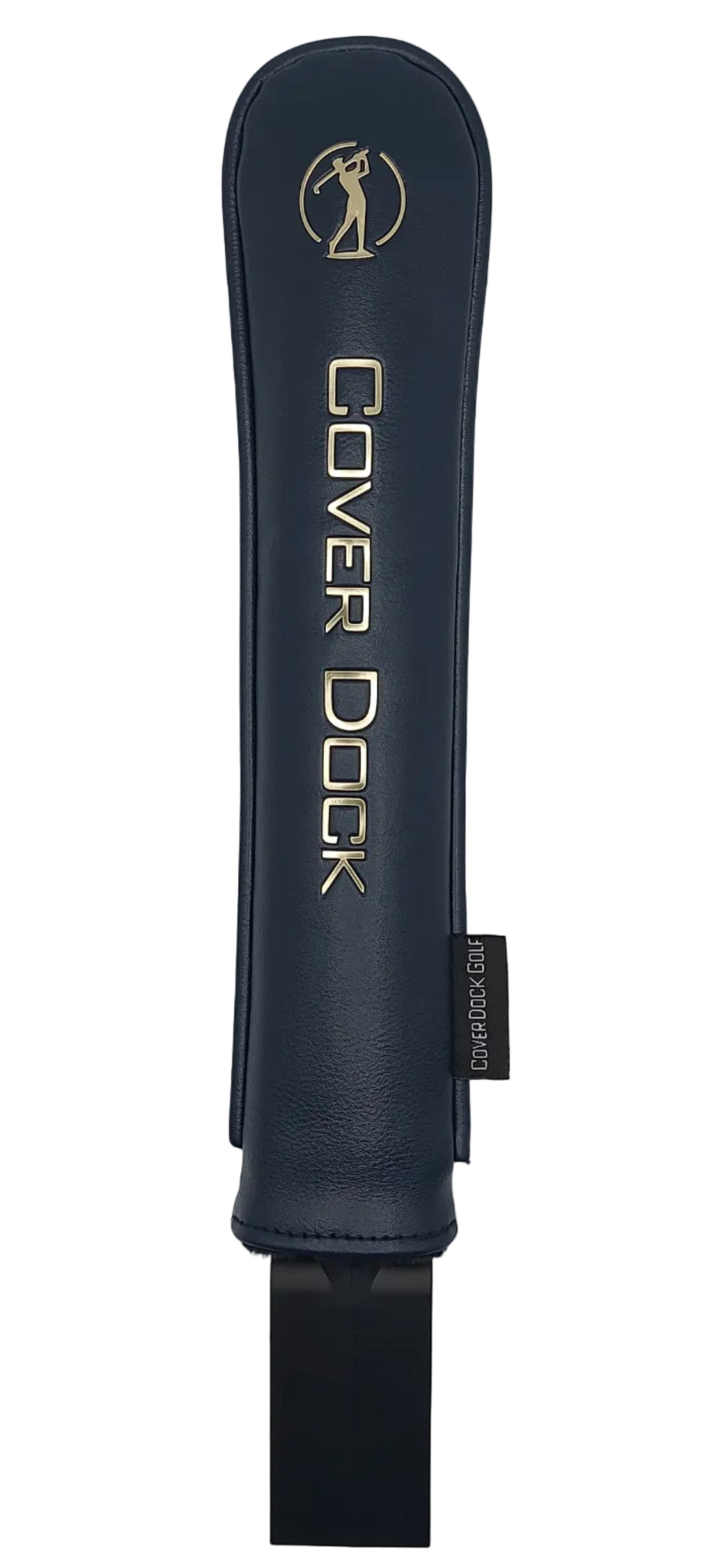 A dark navy blue leather golf cover with gold lettering that reads 'COVER DOCK' and a gold decal, shown against a light gray background.