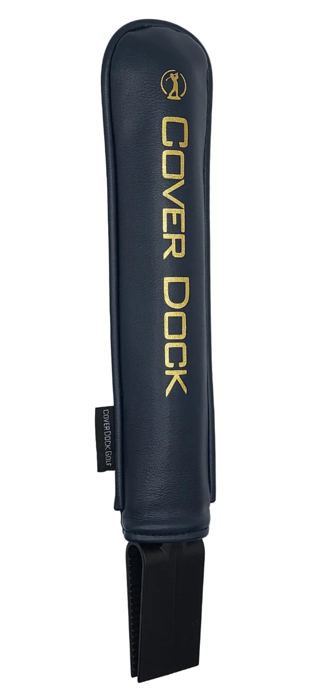 A navy blue Cover Dock golf club headcover with gold lettering and logo, shown on a light gray background.