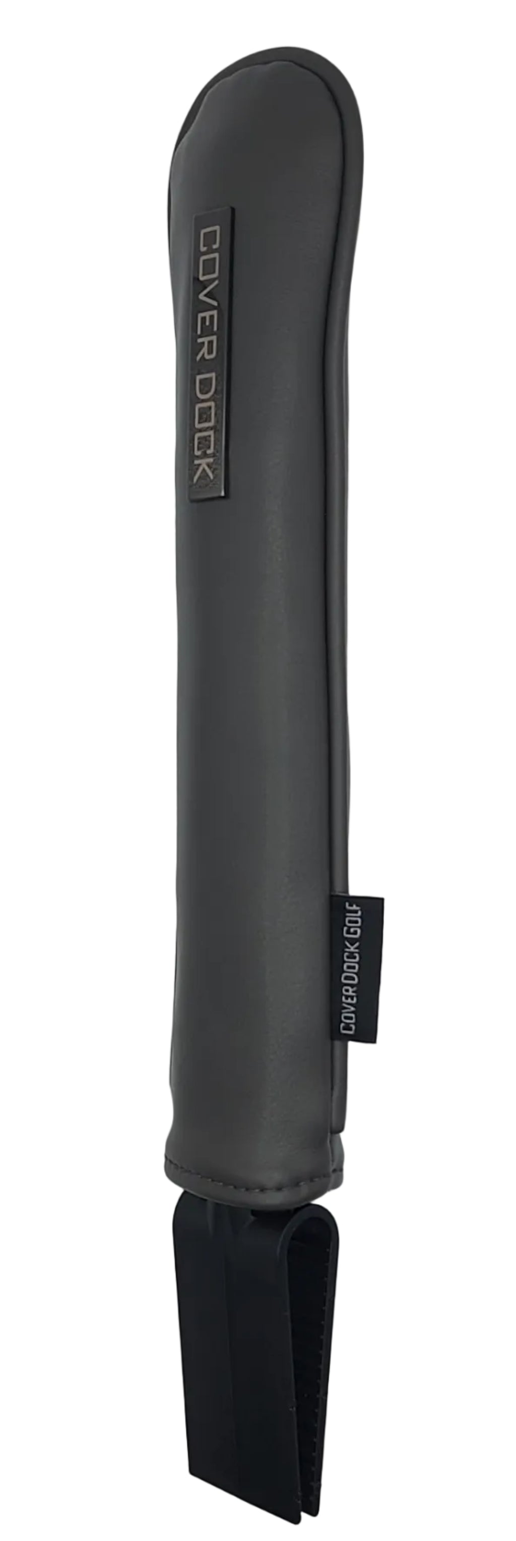 A dark gray head cover holder with a black company badge, shown against a light gray background. The brand 'COVER DOCK' is printed vertically on the cover.