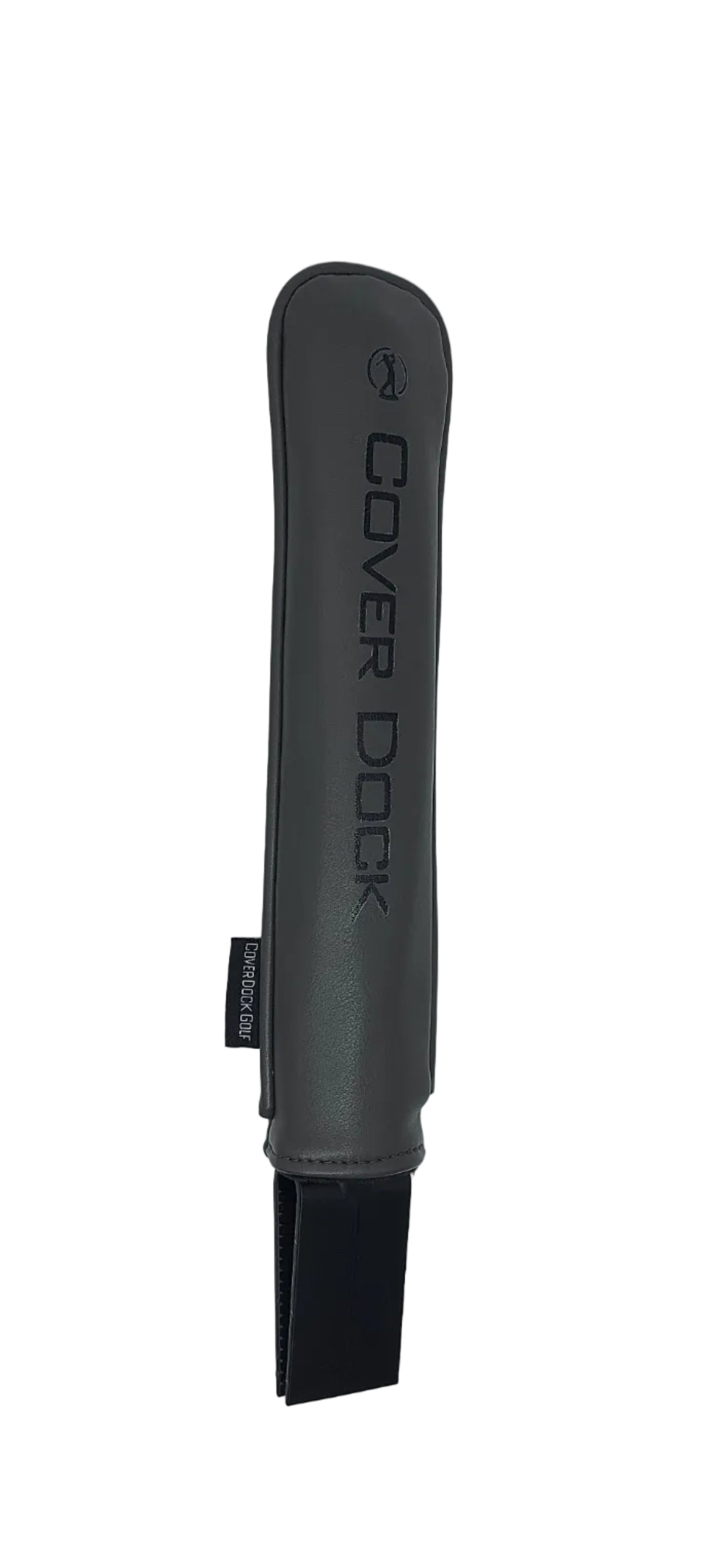 A dark gray Cover Dock golf club headcover sleeve with black branding text, shown on a plain light gray background. a stealth grey leather cleeve that goes overtop of a golf bag grid to secure head covers. black logo and a claping device to secure onto a golf bag
