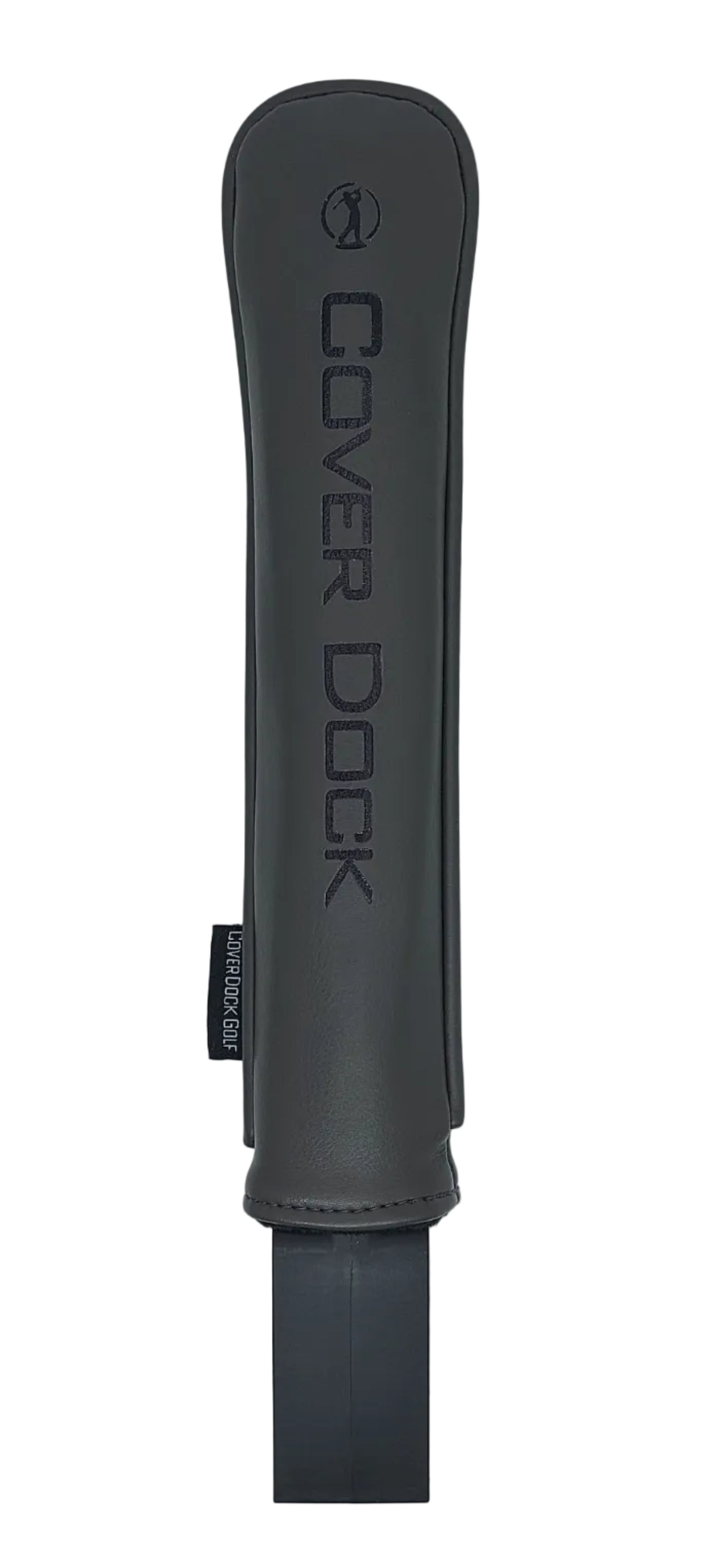 A dark gray Cover Dock head cover holder for golf bag with a matching protective sleeve, featuring a leather sleeve and custom hot foil embossing