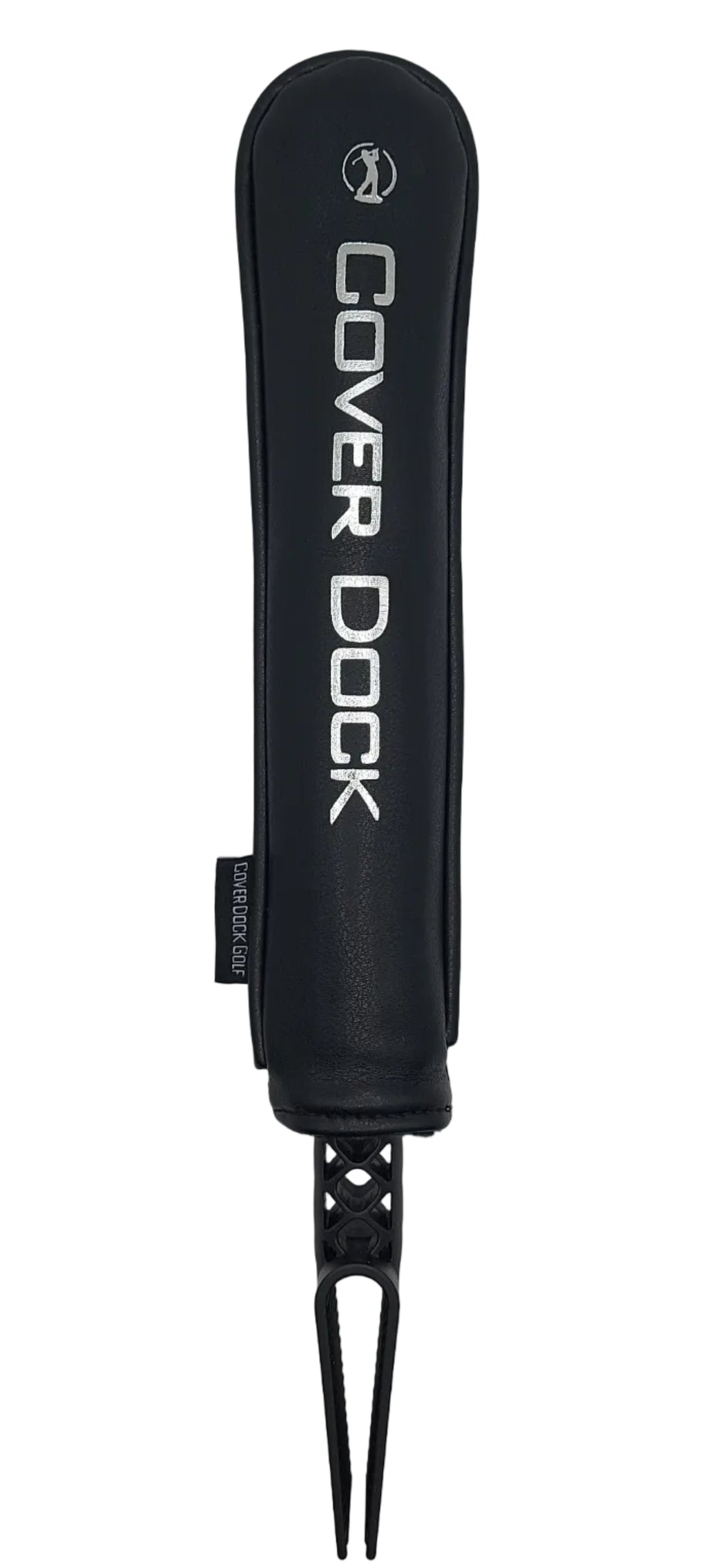 A black Cover Dock golf glove holder with a black dual-pronged pick tool, shown on a light gray background.A black padded cover for a golf bag accessory, featuring white vertical text that reads 'COVER DOCK' and a small circular logo near the top, shown against a light gray background. intended to insert in golf bag to hold and organize golf head covers
