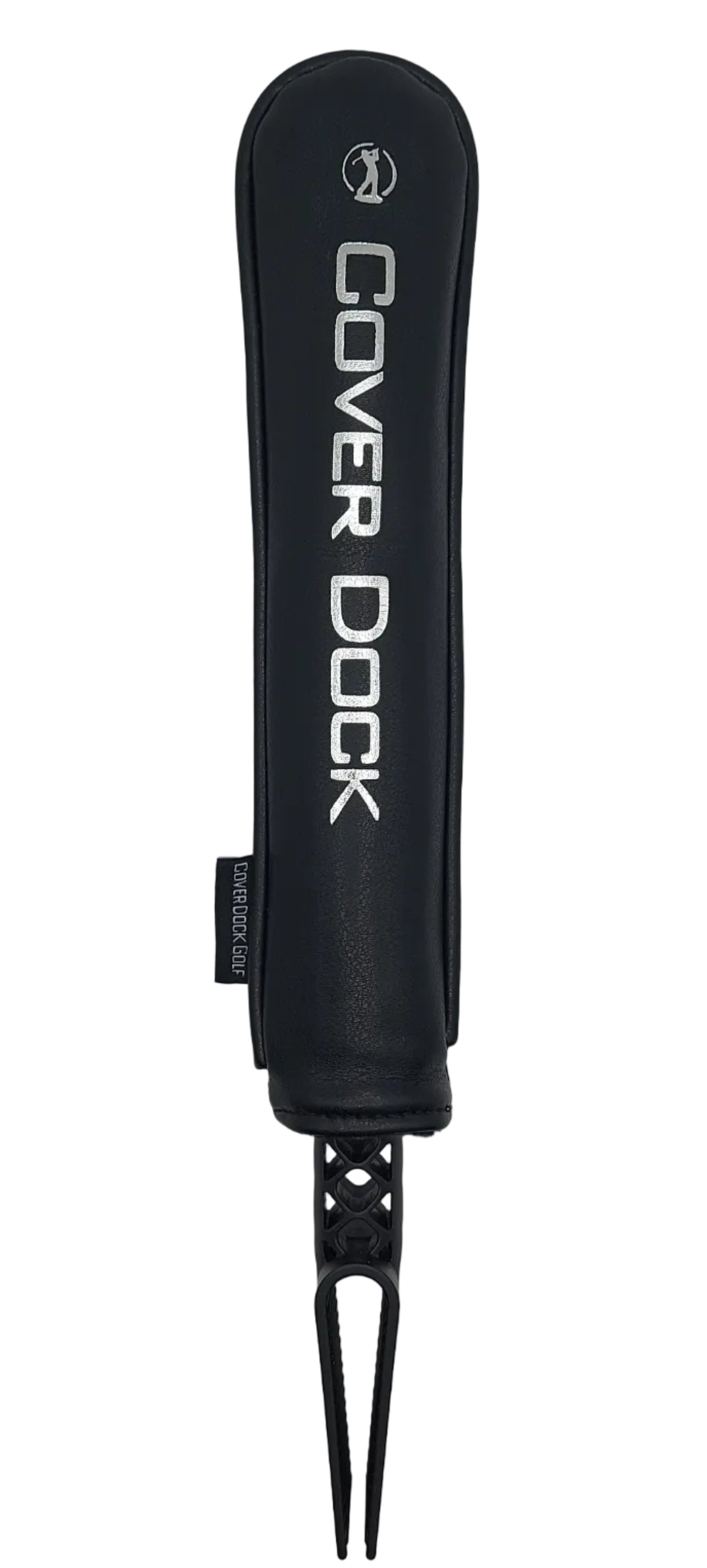 A black Cover Dock golf glove holder with a black dual-pronged pick tool, shown on a light gray background.A black padded cover for a golf bag accessory, featuring white vertical text that reads 'COVER DOCK' and a small circular logo near the top, shown against a light gray background. intended to insert in golf bag to hold and organize golf head covers