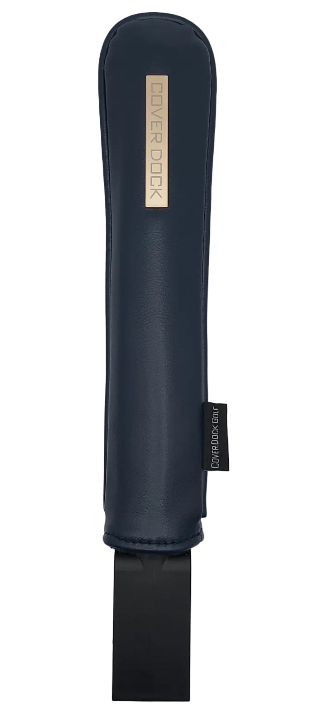 A navy blue protective sleeve or pouch with a gold-toned metal plate displaying the 'COVER DOCK' brand name. designed to clip/clamp into any golf bag inner grid and secure golf club head cover 
