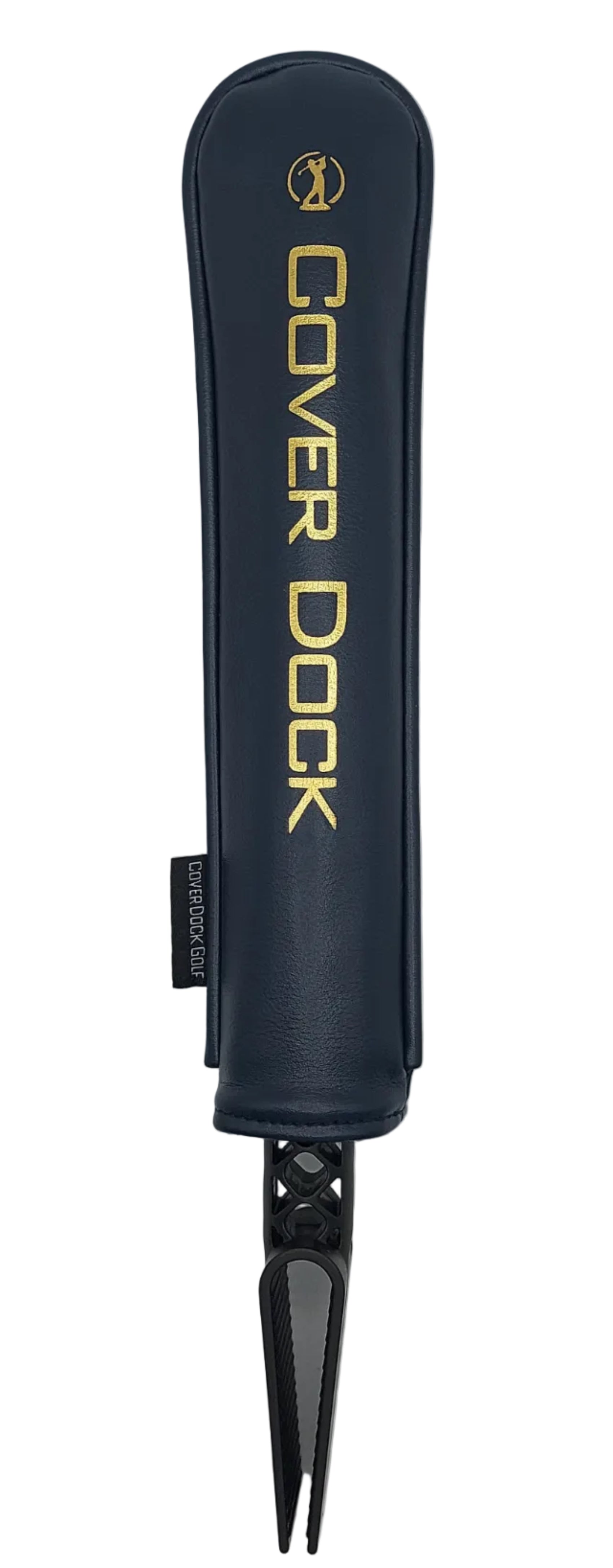 A blue padded cover for a golf bag accessory, featuring white vertical text that reads 'COVER DOCK' and a small circular logo near the top, shown against a light gray background. intended to insert in golf bag to hold and organize golf head covers