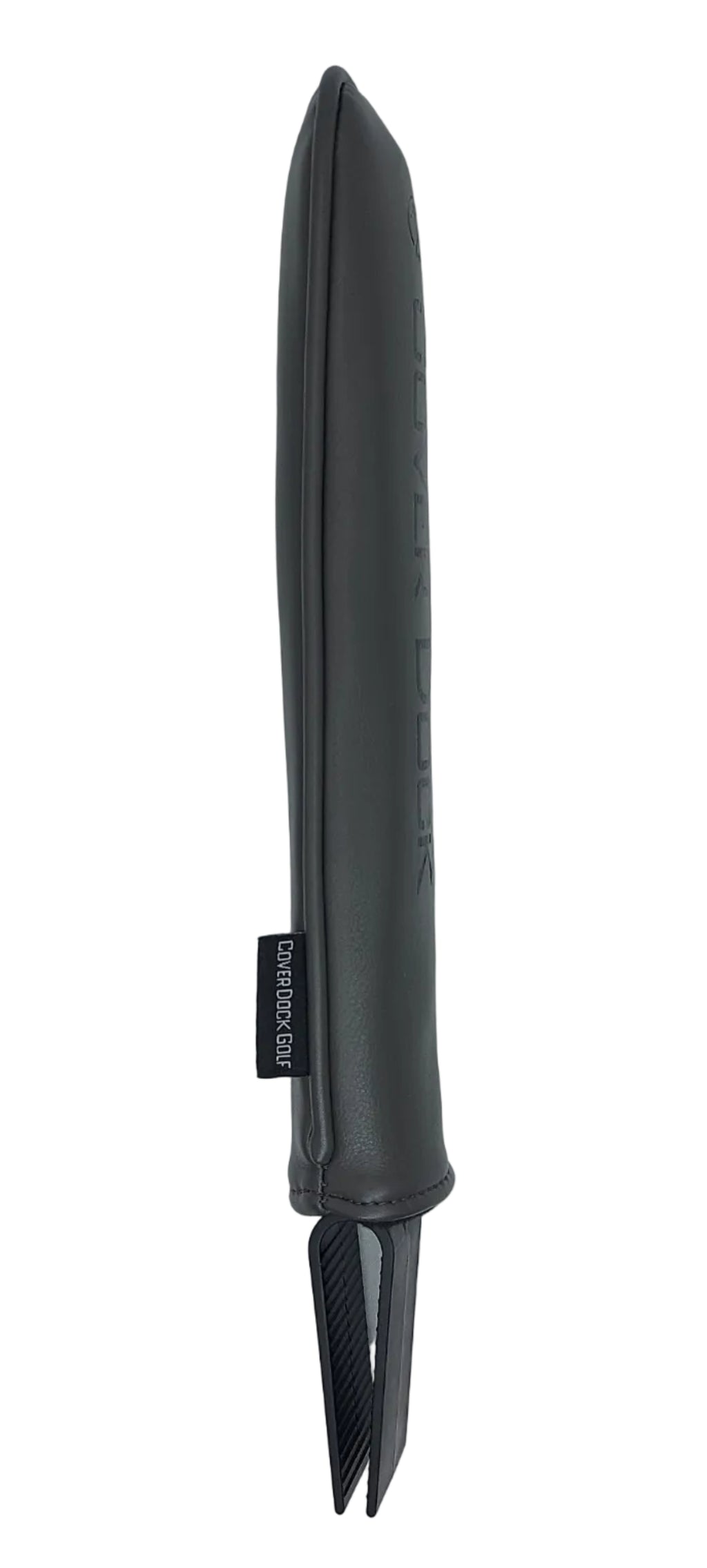 A dark gray Cover Dock head cover holder for golf bag with a matching protective sleeve, featuring a leather sleeve and custom hot foil embossing