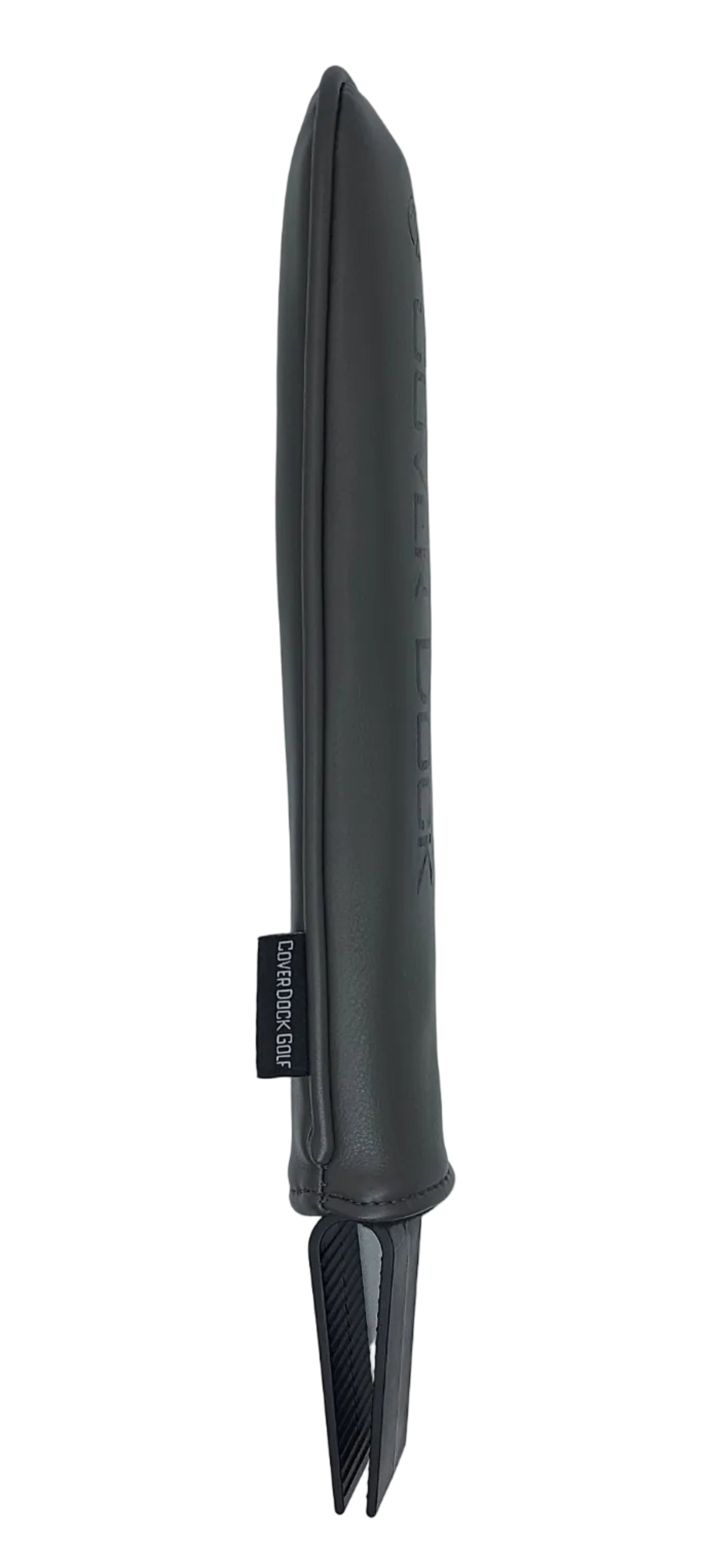 A dark gray Cover Dock head cover holder for golf bag with a matching protective sleeve, featuring a leather sleeve and custom hot foil embossing