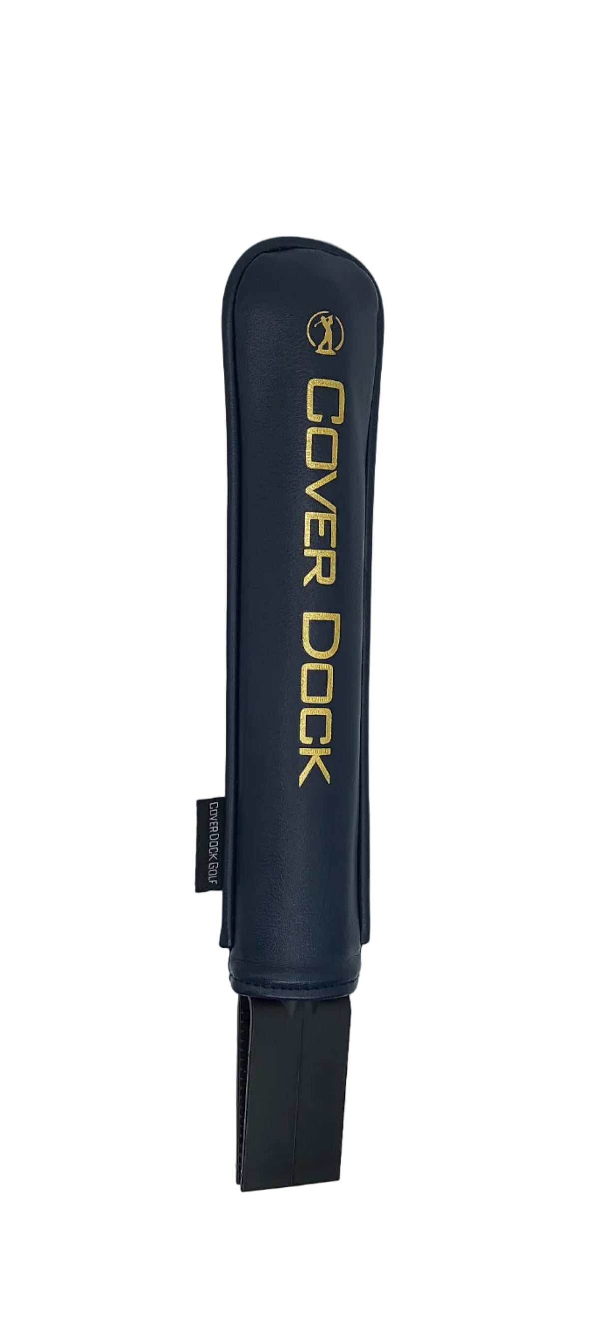 A navy blue golf club cover sleeve with gold lettering that reads 'COVER DOCK' and a small gold logo, shown against a light gray background.