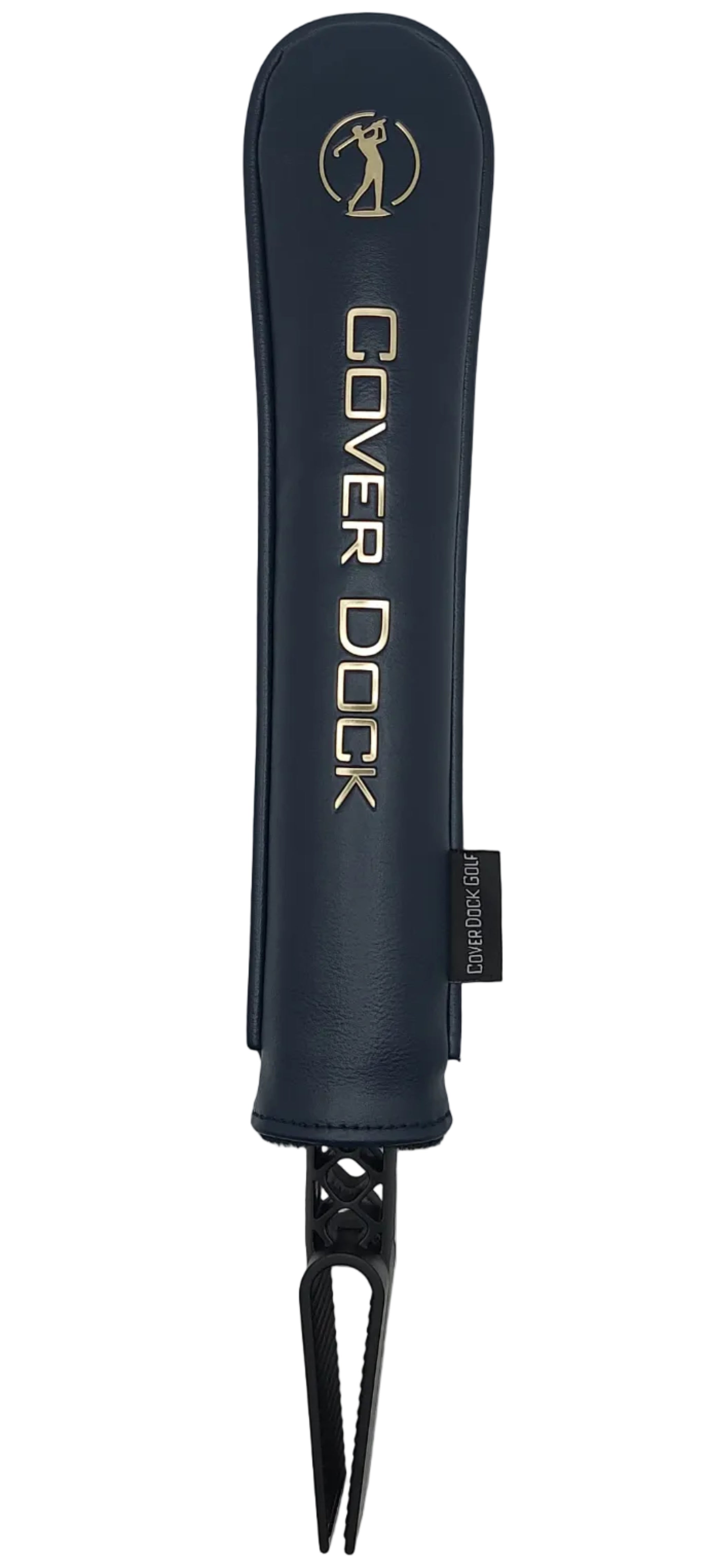 A black golf clamping system ffor inside golf bag grid, new design for golf set inside a dark navy blue Cover Dock protective sleeve, shown against a light gray background.