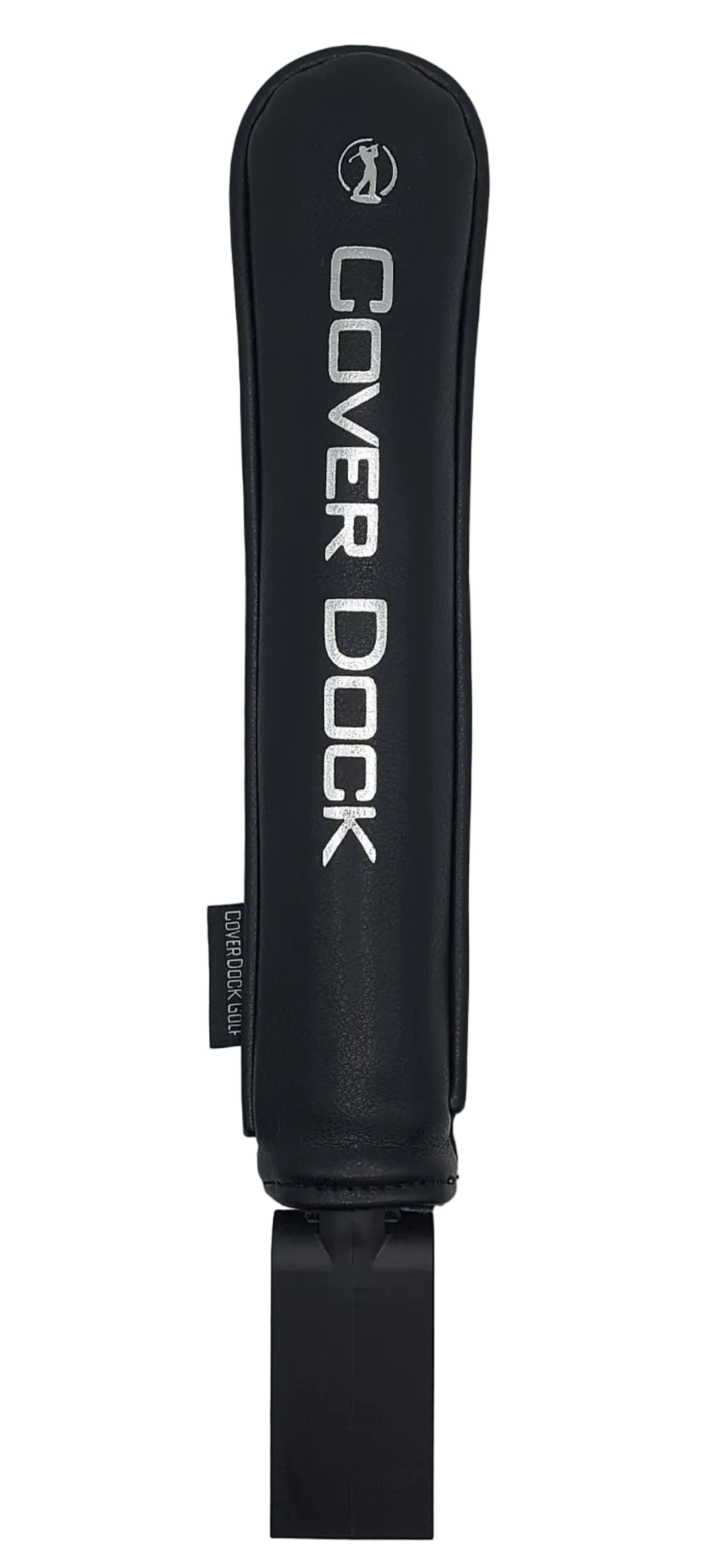 A black golf club headcover with white text reading 'COVER DOCK' and a small logo near the top, shown against a light gray background. A black padded cover for a golf bag accessory, featuring white vertical text that reads 'COVER DOCK' and a small circular logo near the top, shown against a light gray background. intended to insert in golf bag to hold and organize golf head covers